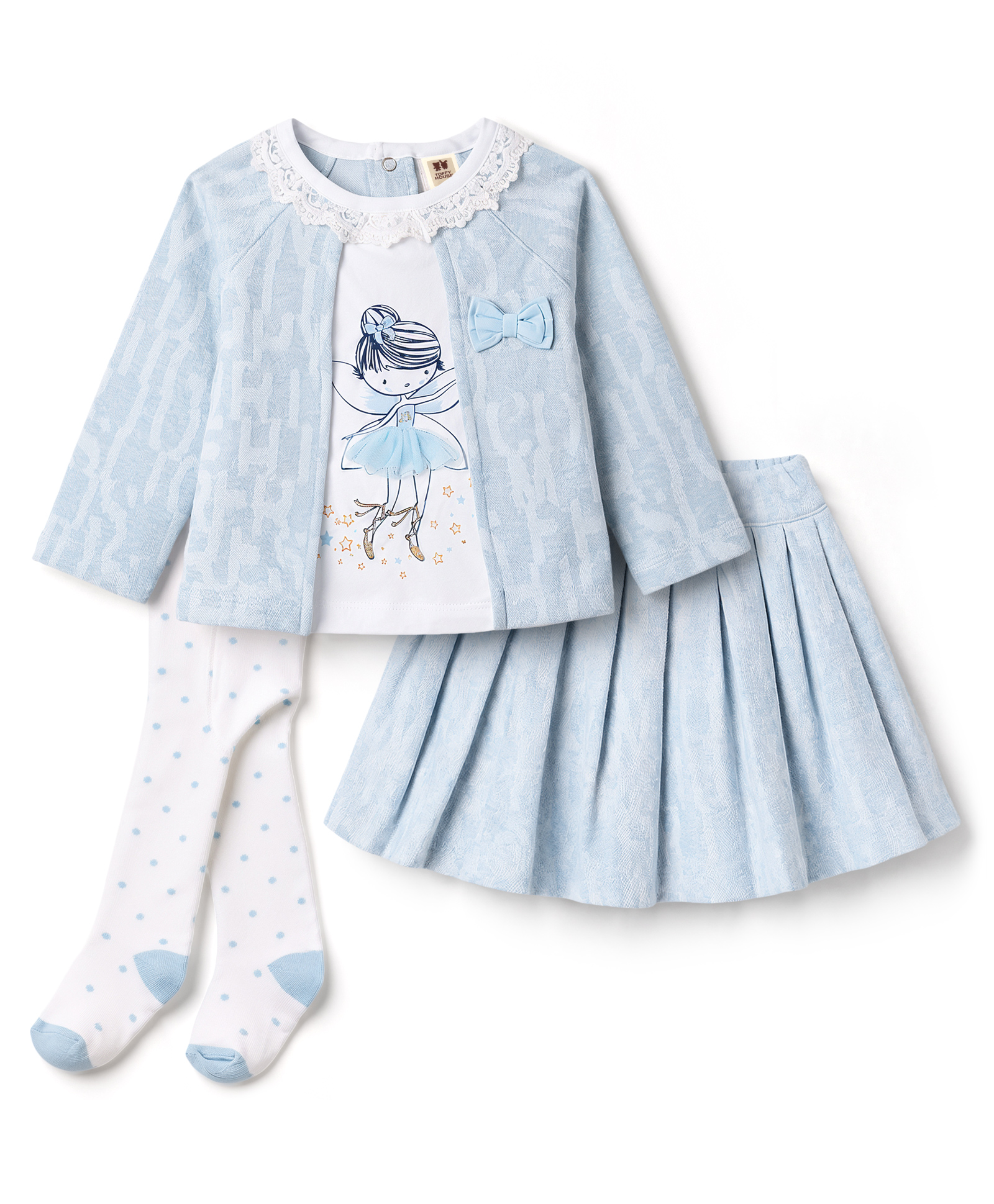 ToffyHouse Cotton Knit Full Sleeves Top & Skirt Set With Stockings Applique & Lace Detailing - Light Blue-image-23