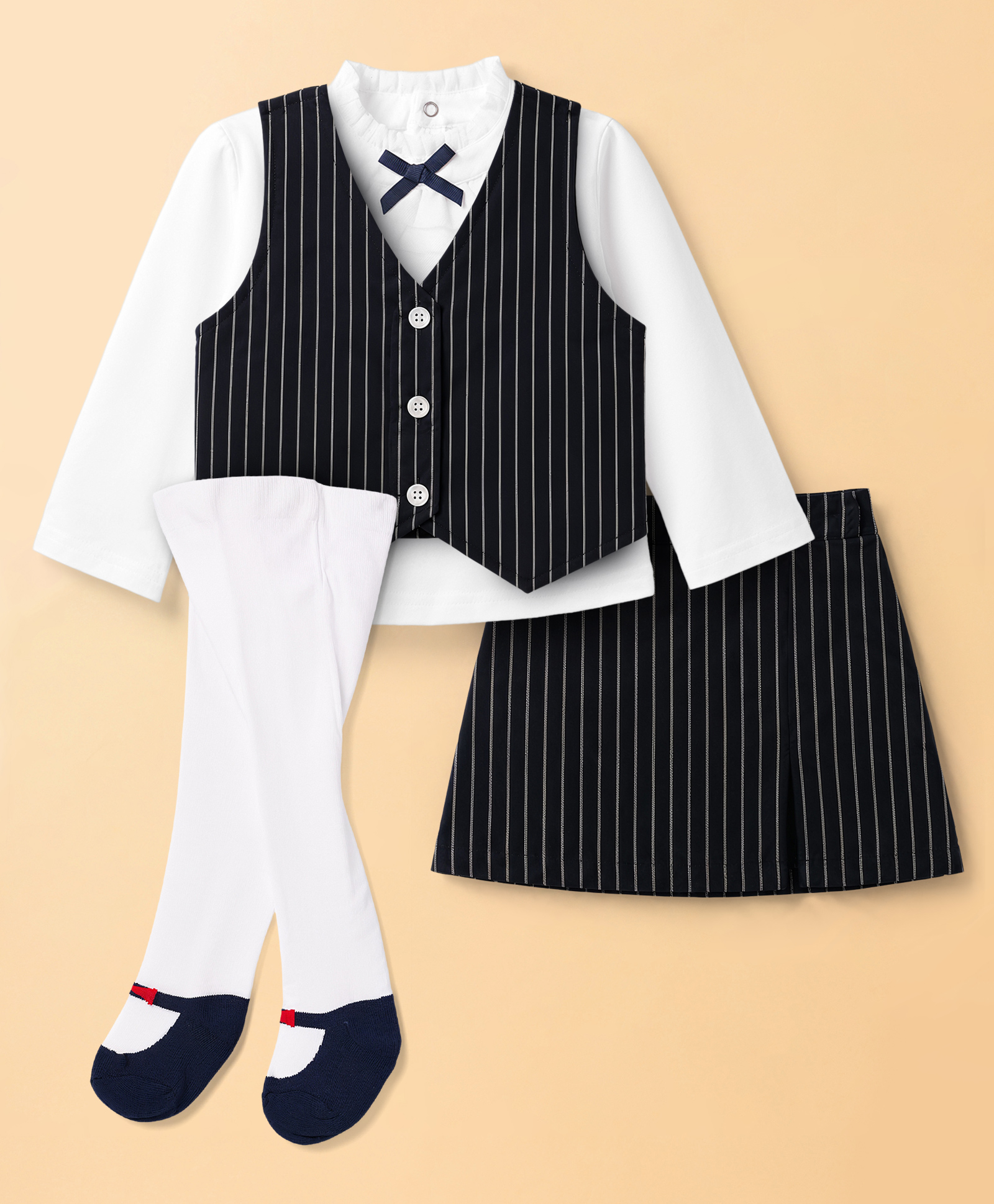 ToffyHouse Cotton Woven Full Sleeves Striped Top & Skirt With Bow Applique Leggings & Waistcoat - Navy Blue-picture-17