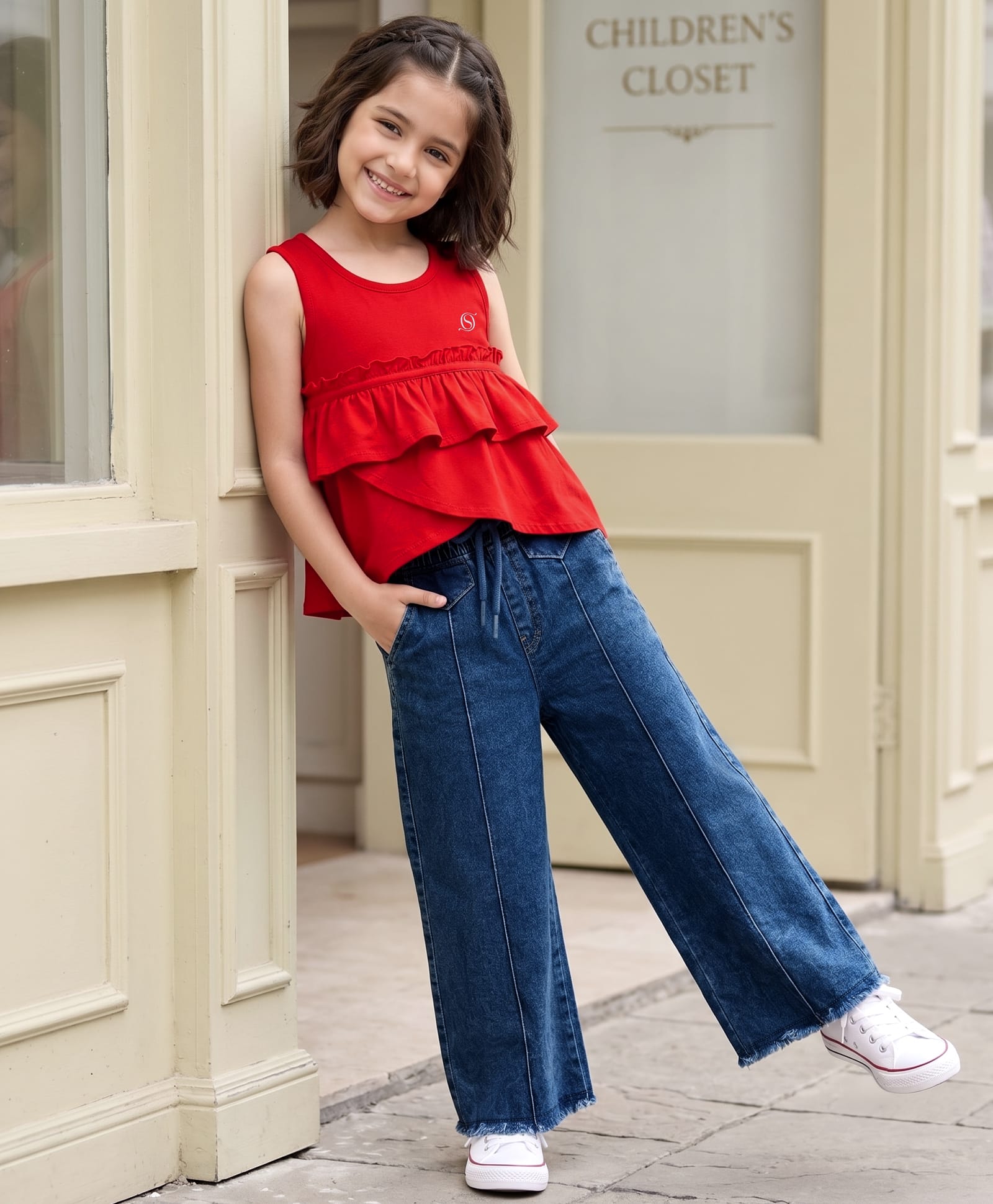Ollington St. Cotton Sinker Knit Solid Colour Sleeveless Frill Top & Denim Culottes - Red & Blue-image-34