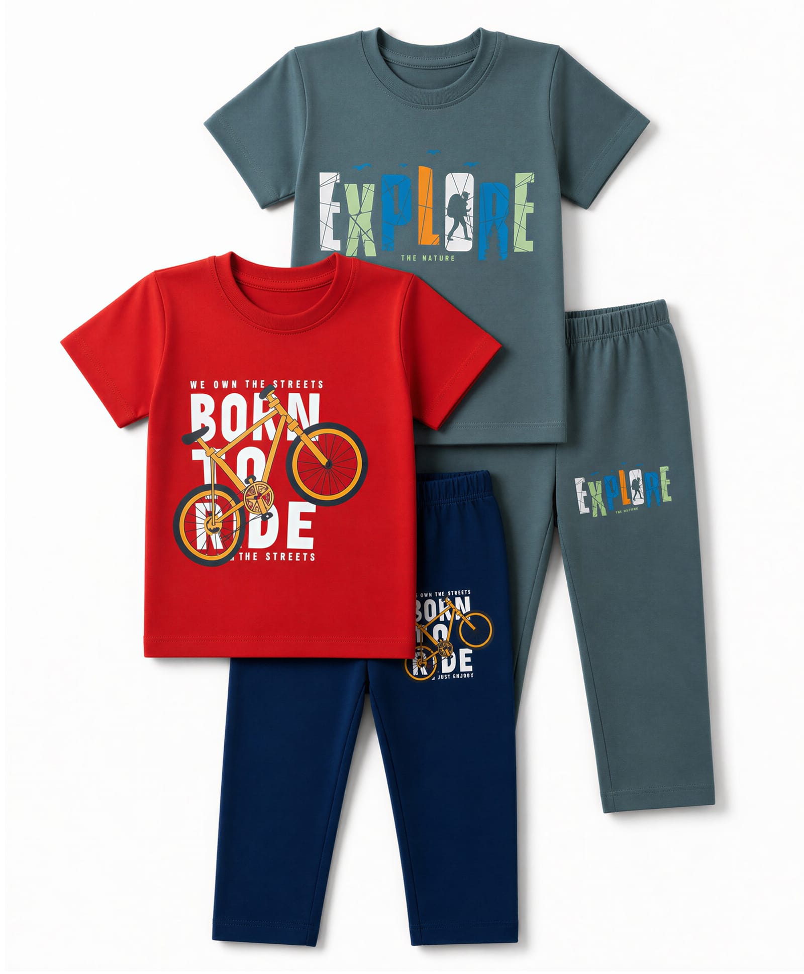 OHMS Single Jersey Knit Half Sleeves Text Printed T-Shirts & Pants Pack Of 2 - Red & Teal Blue-image-4