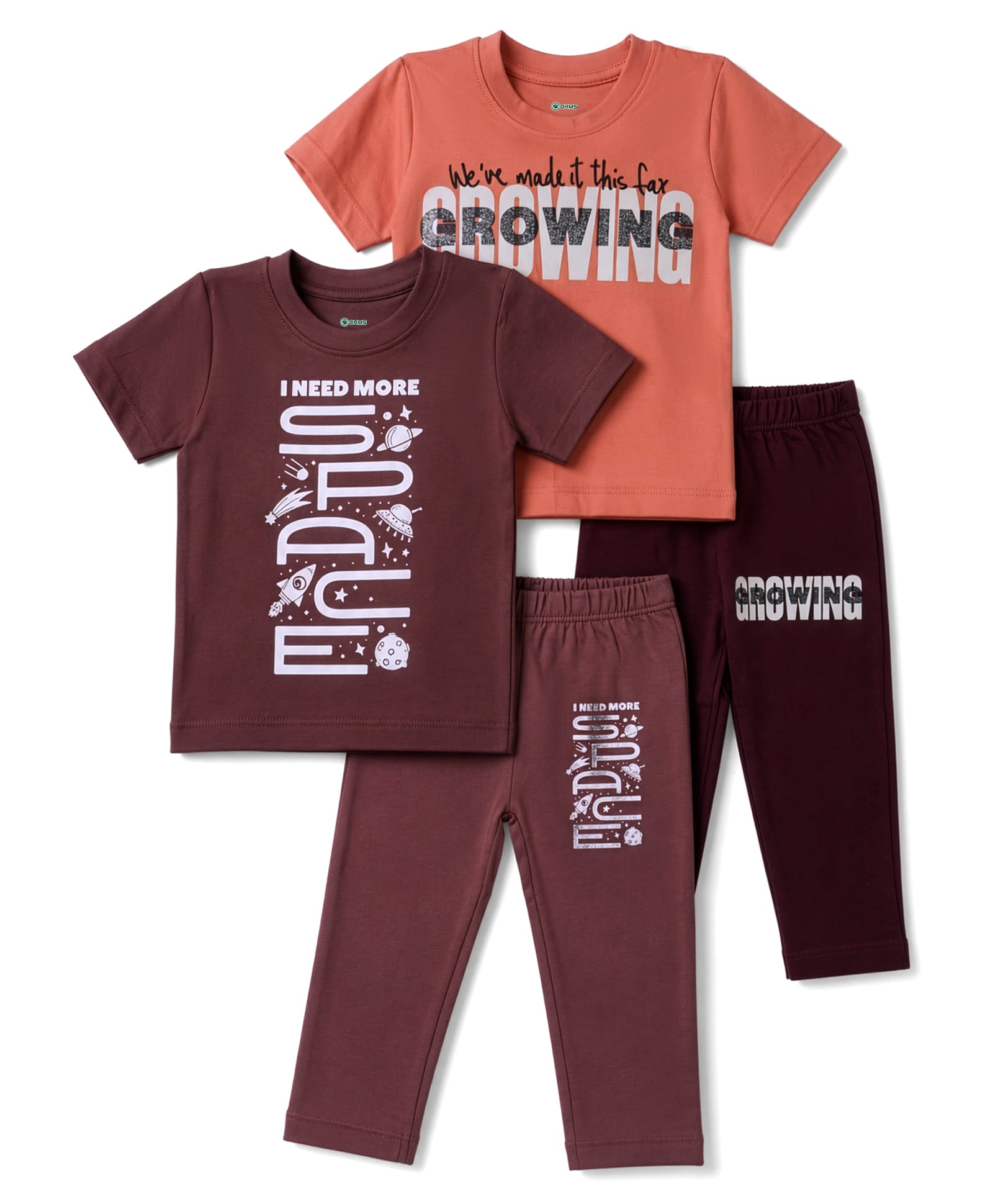 OHMS Single Jersey Knit Half Sleeves Space Theme & Text Printed T-Shirts & Pants Pack of 3 - Brown & Orange-image-46