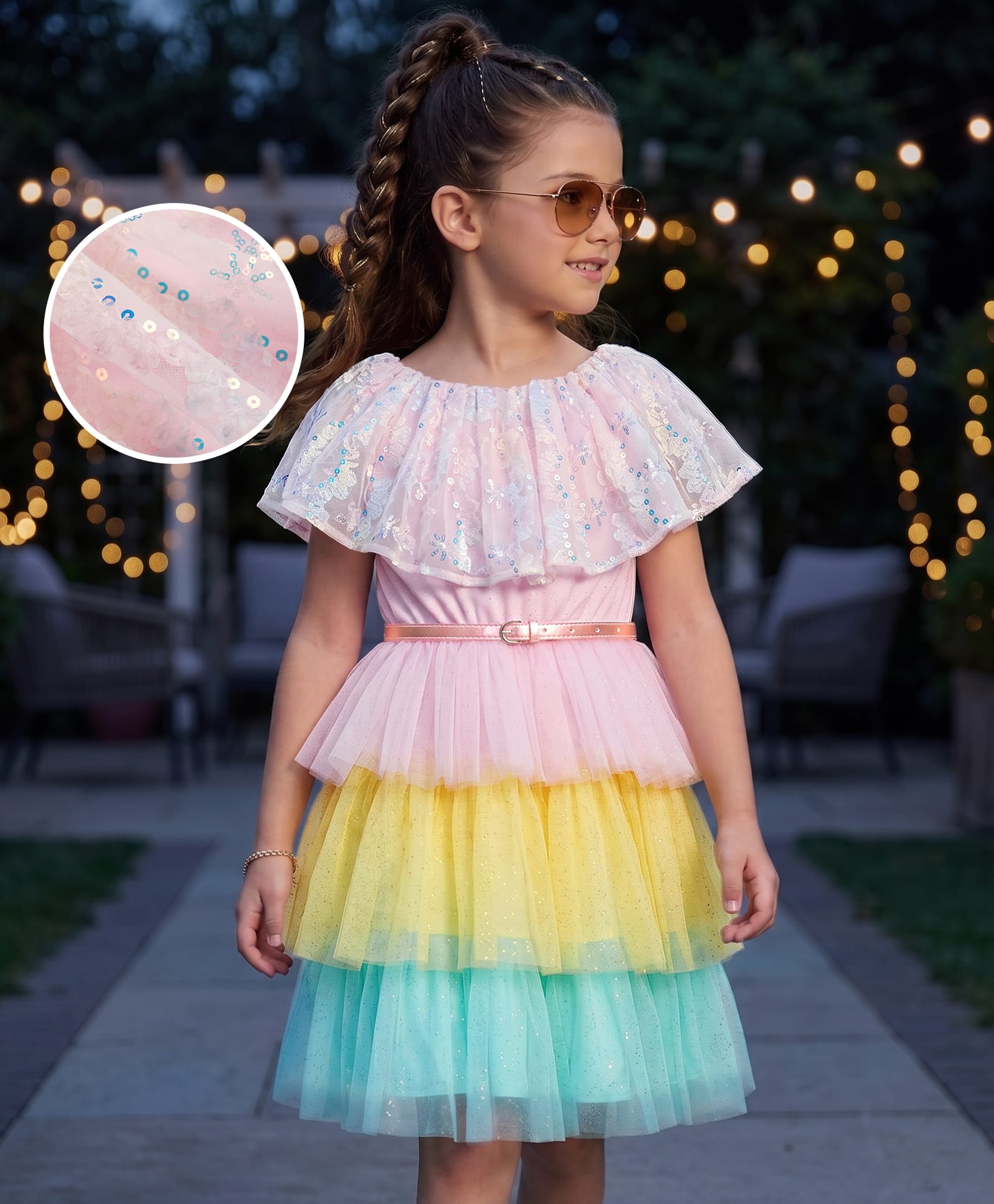 Hola Bonita Knit Cape Sleeves Floral Sequinned Layered Party Dress With Belt - Multicolor-image-42