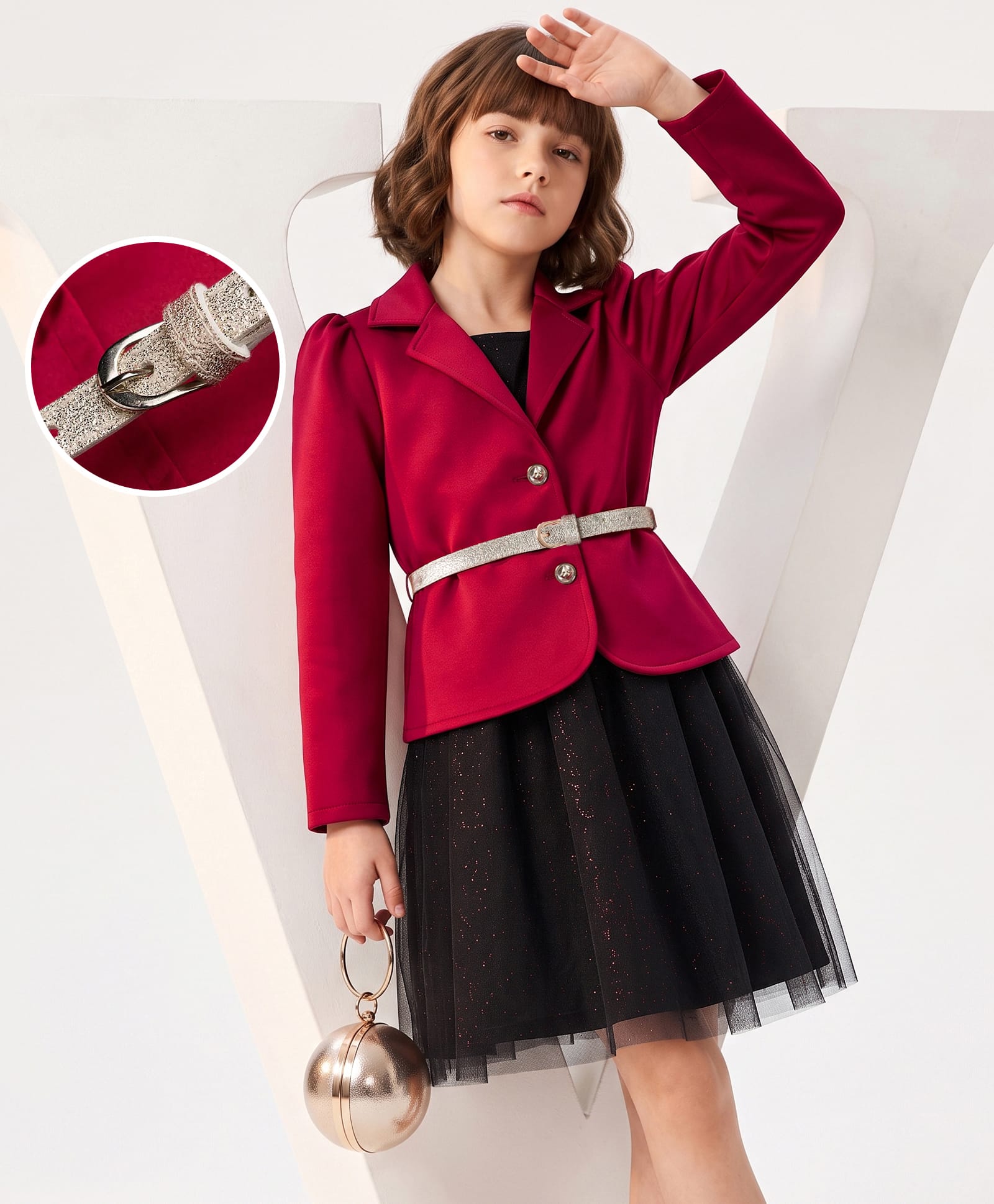 Hola Bonita Woven Full Sleeves Solid Jacket With Glitter Printed Party Dress With Belt - Red-image-34