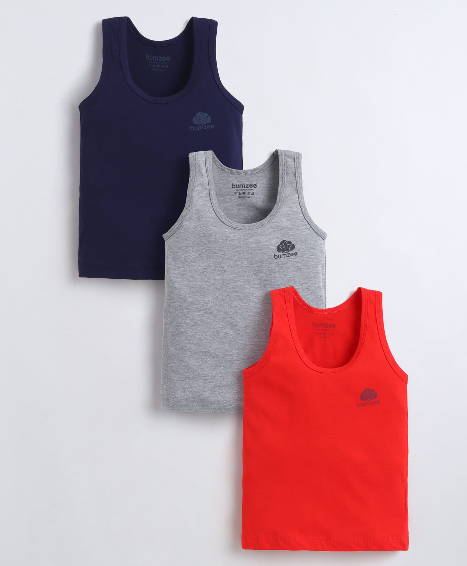 BUMZEE Cotton Knit Pack of 3 Sleeveless Brand Logo Printed Vests - Red & Grey-image-14