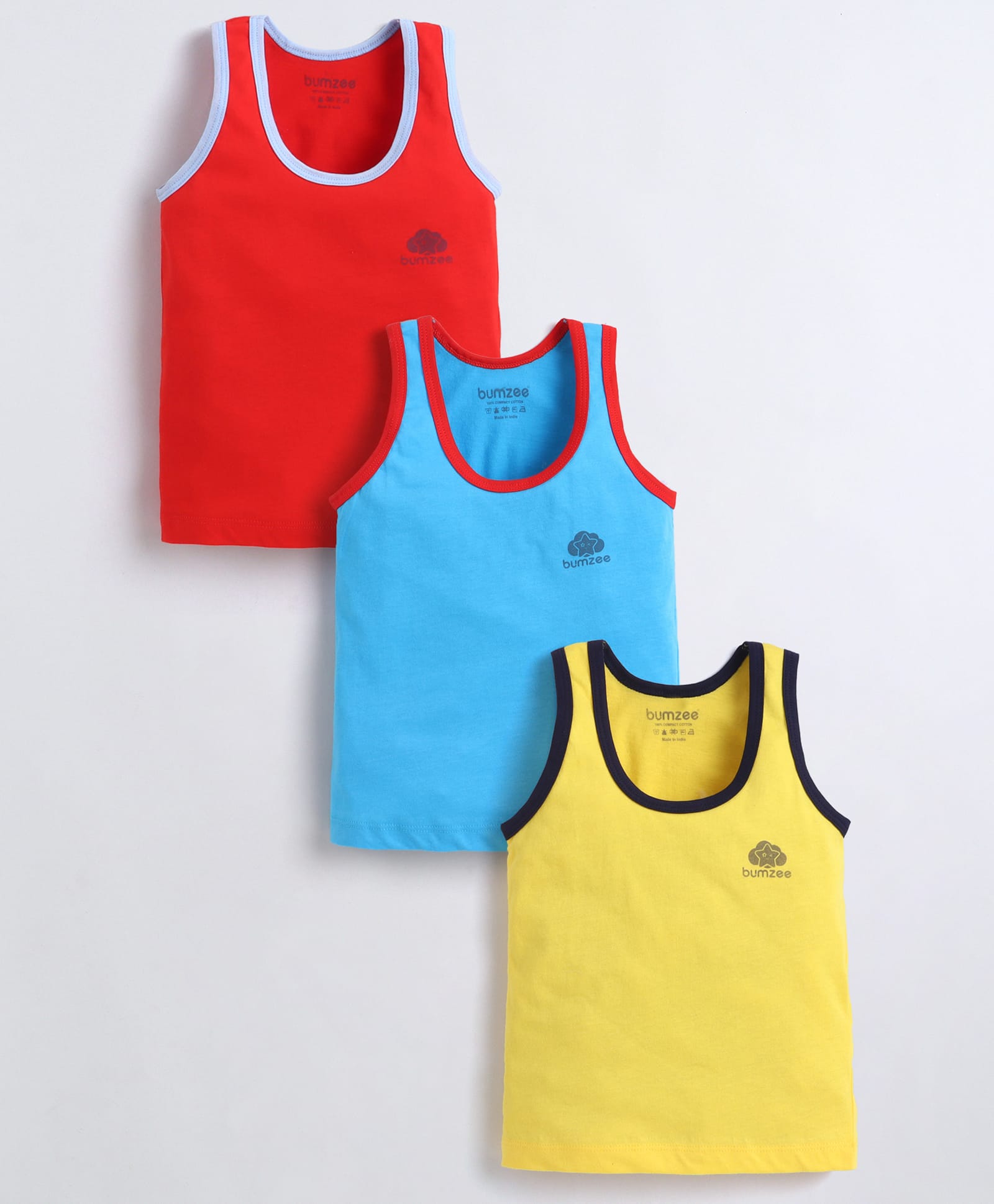 BUMZEE Cotton Knit Pack of 3 Sleeveless Brand Logo Printed Vests - Red & Blue-image-17