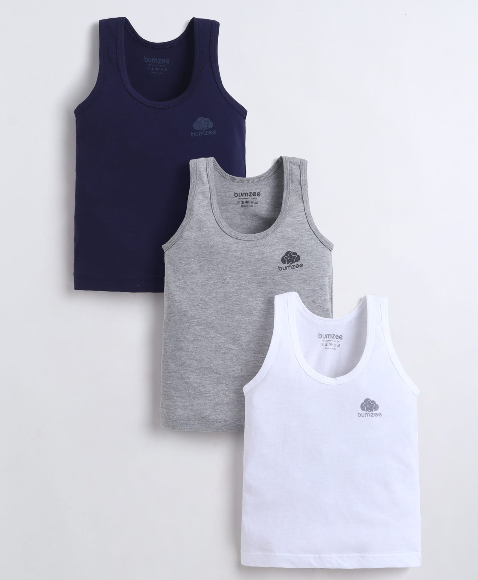 BUMZEE Cotton Knit Pack of 3 Sleeveless Brand Logo Printed Vests - White & Grey-picture-13