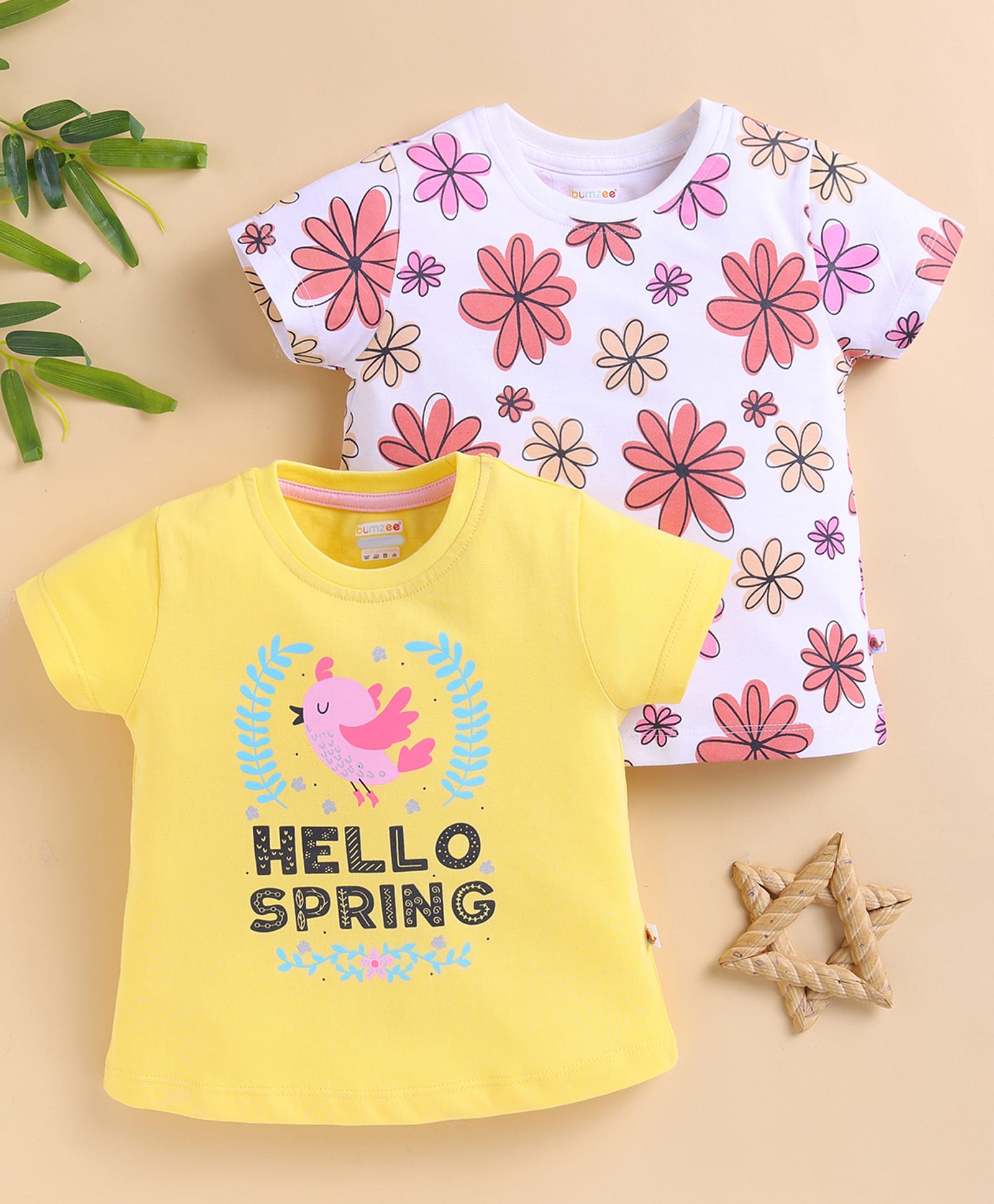 BUMZEE Cotton Knit Pack Of 2 Half Sleeves Floral & Hello Spring Text Printed Tees - Yellow & White-picture-28