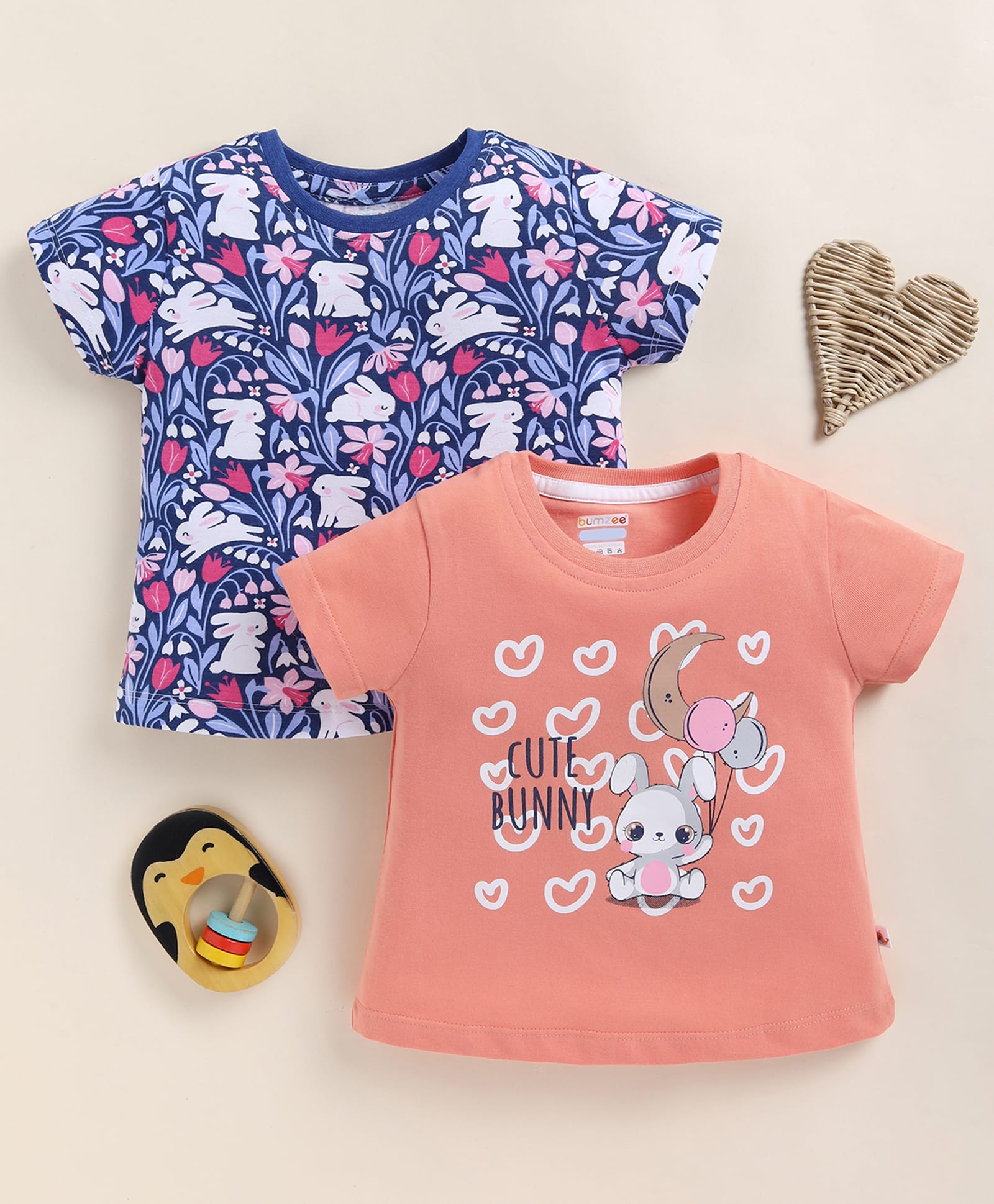 BUMZEE Cotton Knit Pack Of 2 Half Sleeves Bunny & Floral Printed Tees - Peach & Navy Blue-image-27