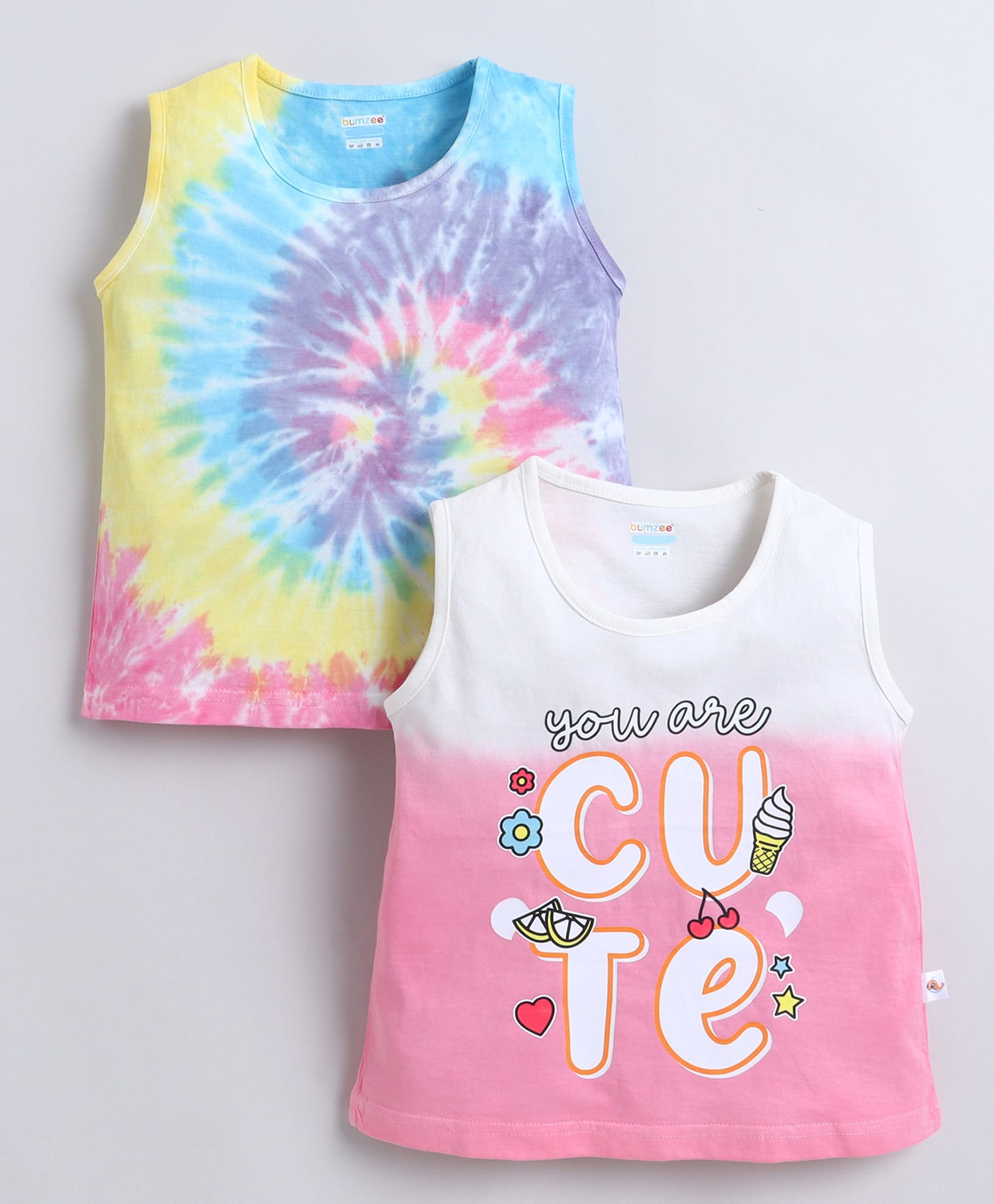 BUMZEE Cotton Knit Pack Of 2 Sleeveless Tie Dye & You Are Cute Text Printed Tees - Multi Colour-image-28