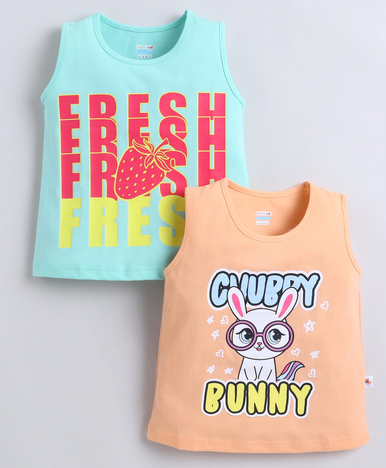 BUMZEE Cotton Knit Pack Of 2 Sleeveless Fresh & Chubby Bunny Text Printed Tees - Peach & Green-image-42