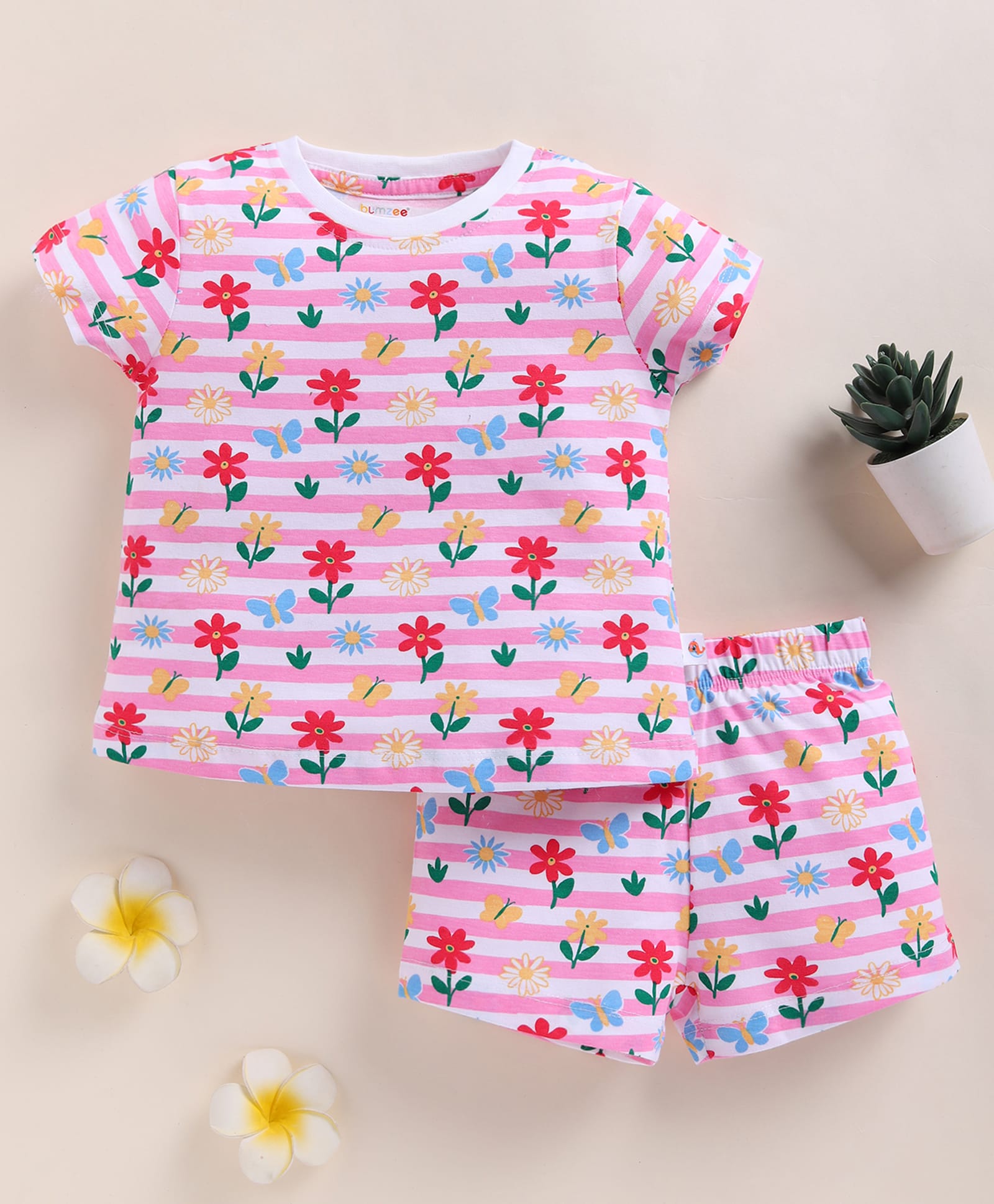 BUMZEE Cotton Knit Half Sleeves Striped & Floral Printed Coordinating Tee & Shorts Set - White & Pink-picture-30