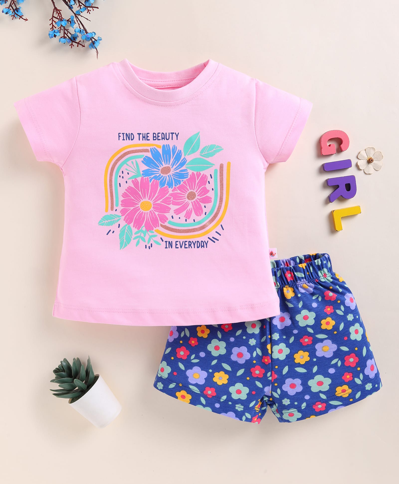 BUMZEE Cotton Knit Half Sleeves Floral & Typography Printed Tee & Shorts Set - Baby Pink & Navy Blue-image-24