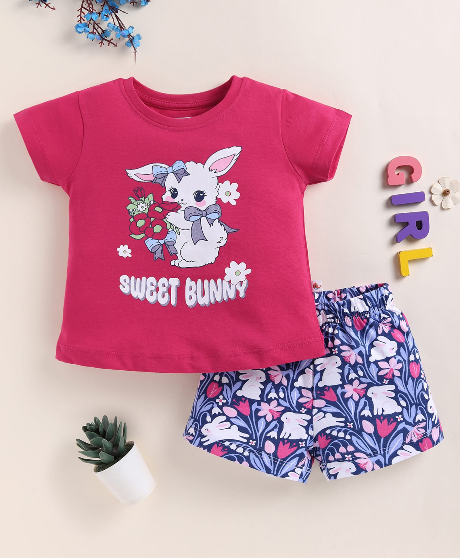 BUMZEE Cotton Knit Half Sleeves Bunny Printed Tee & Shorts Set - Pink & Navy Blue-picture-24