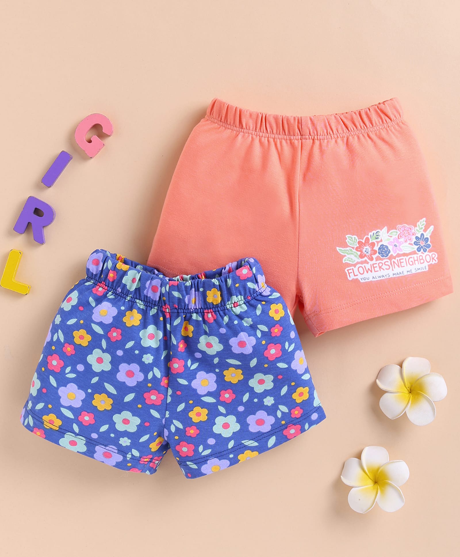BUMZEE Cotton Knit Pack Of 2 Floral Printed Shorts - Peach & Navy Blue-image-20