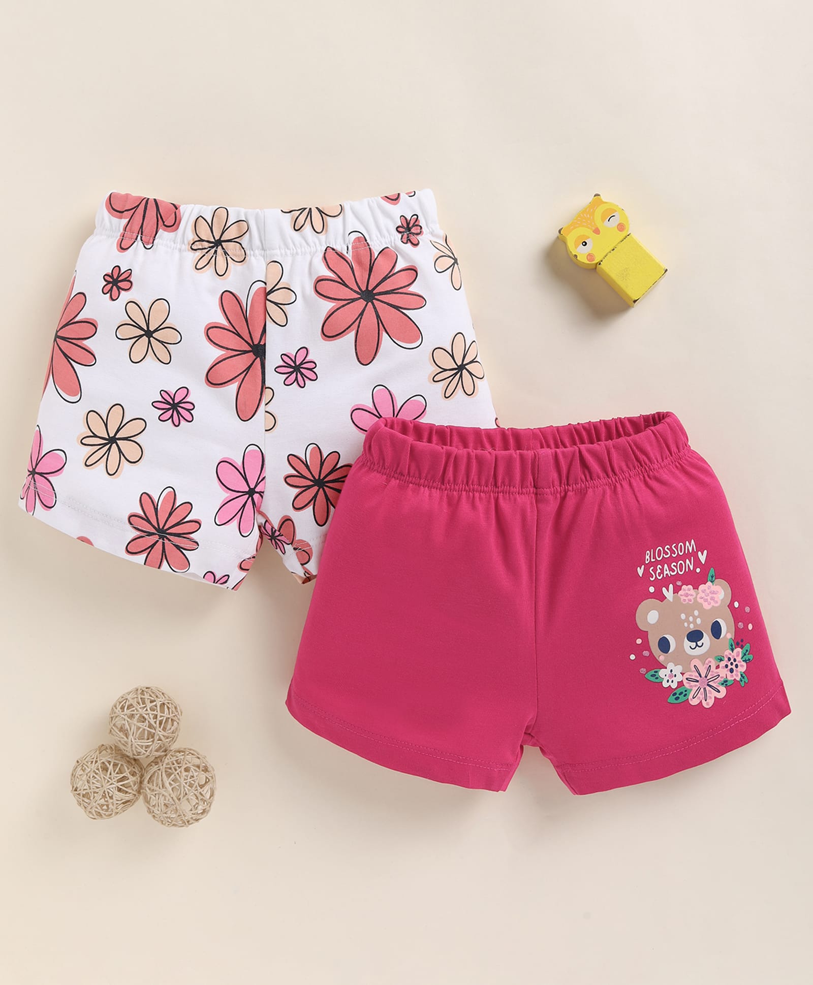 BUMZEE Cotton Knit Pack Of 2 Floral & Bear Printed Shorts - Pink & White-picture-28