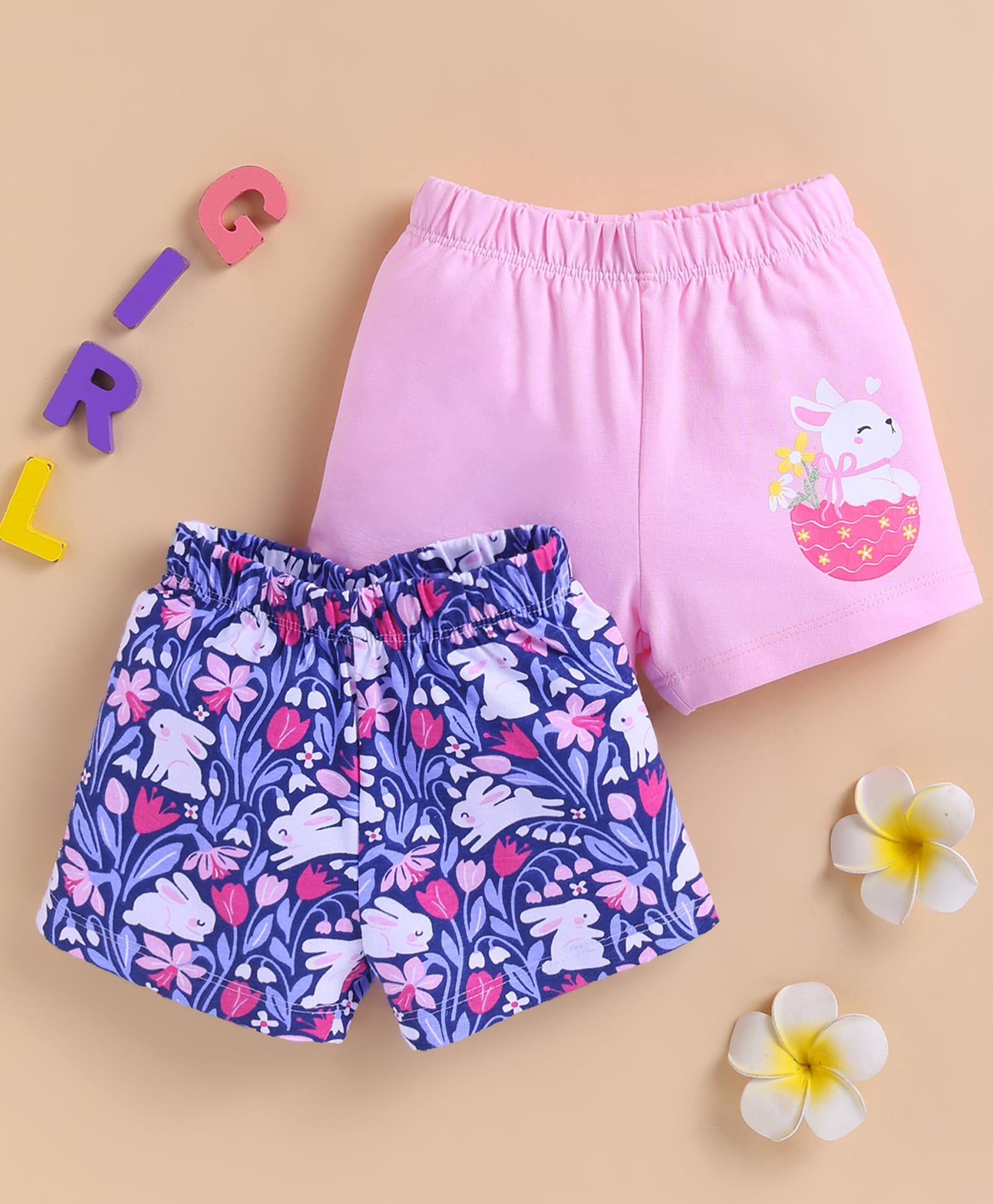 BUMZEE Cotton Knit Pack Of 2 Floral & Bunny Printed Shorts - Pink & Navy-image-22