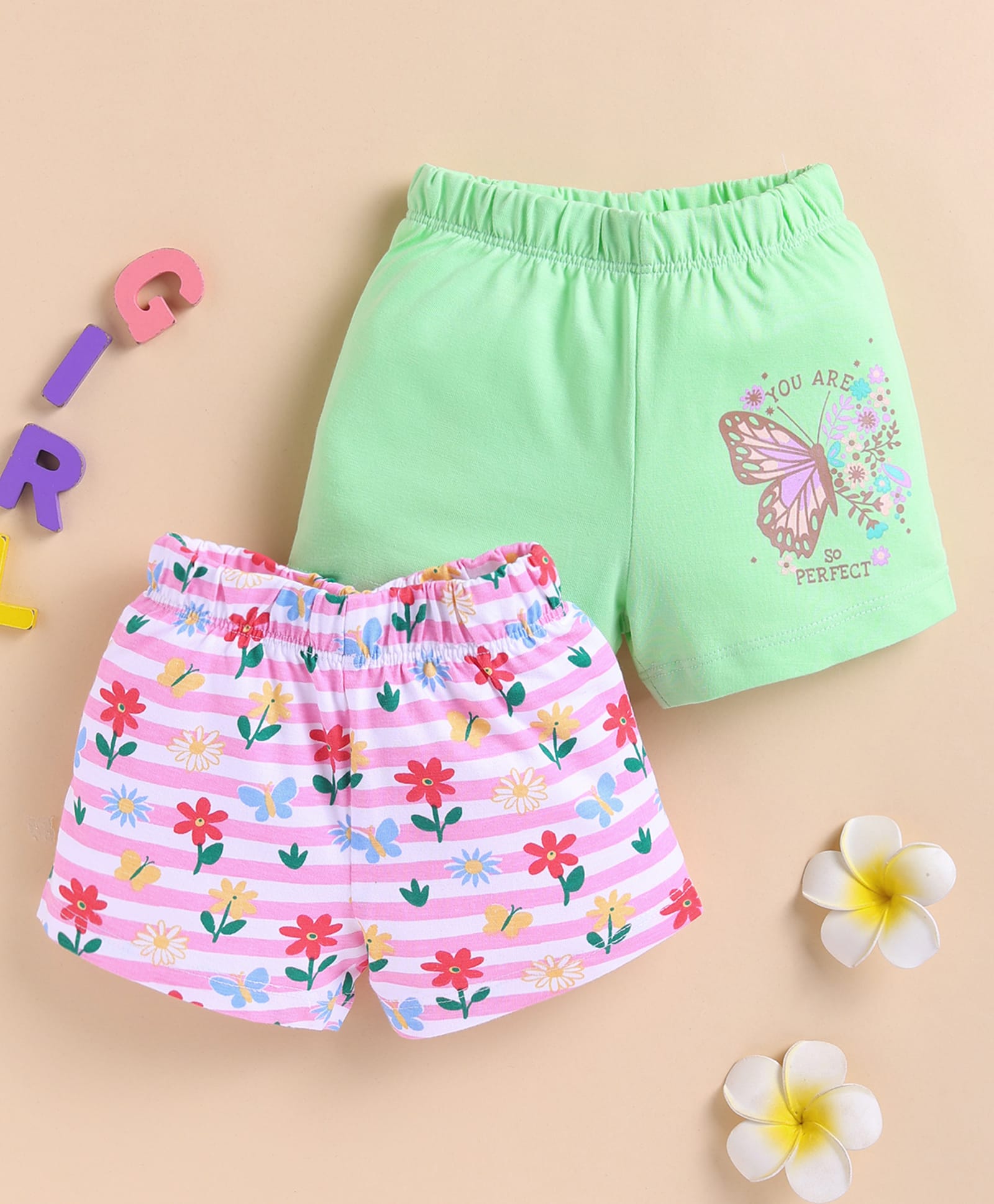 BUMZEE Cotton Knit Pack Of 2 Floral & Butterfly Printed Shorts - Green & Pink-image-1