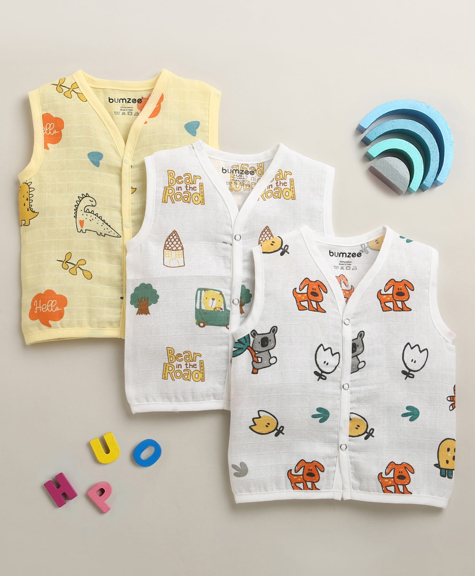 BUMZEE Muslin Woven Pack Of 3 Sleeveless Animals Printed Jhablas - White & Yellow-picture-31