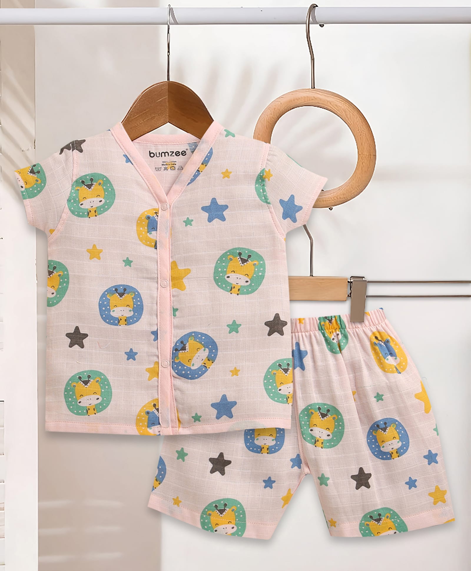 BUMZEE Muslin Woven Half Sleeves Giraffe & Star Printed Coordinating Jhabla & Shorts Set - Pink-picture-11