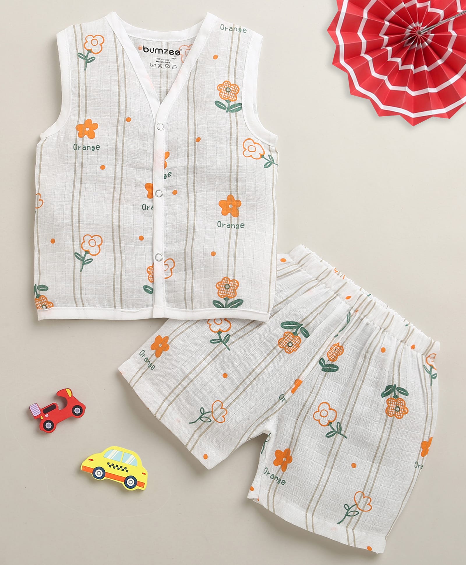 BUMZEE Muslin Woven Half Sleeveless Floral Printed Striped Coordinating Jhabla & Shorts Set - White-picture-28