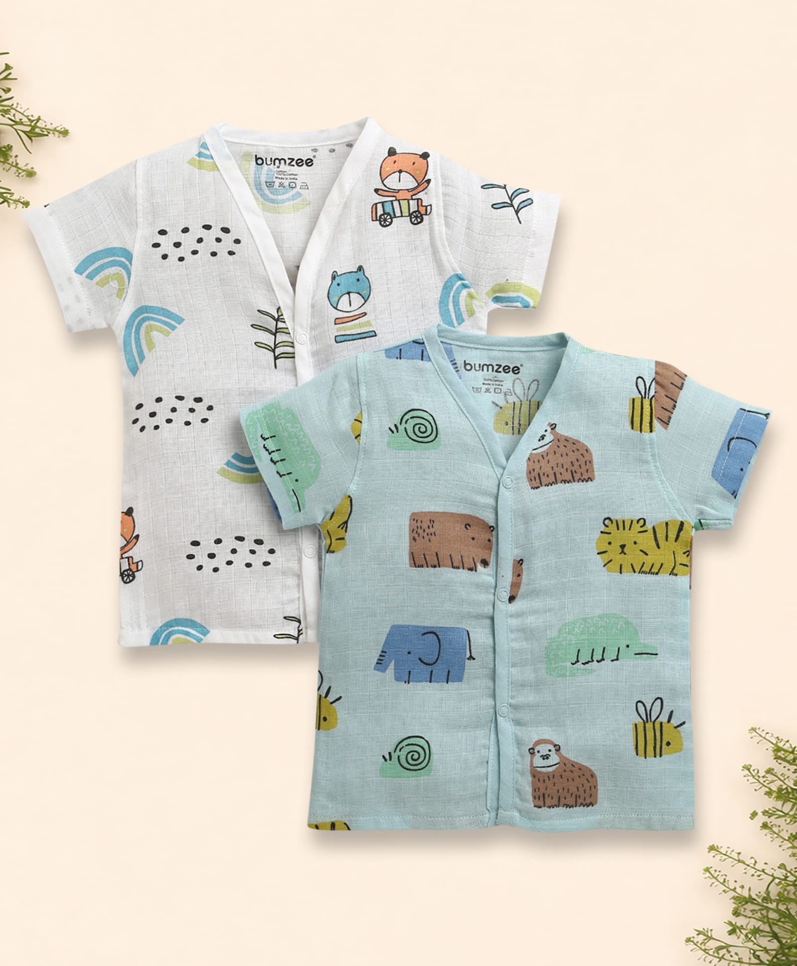 BUMZEE Muslin Woven Pack Of 2 Half Sleeves Animals Printed Jhablas - Blue & White-picture-21