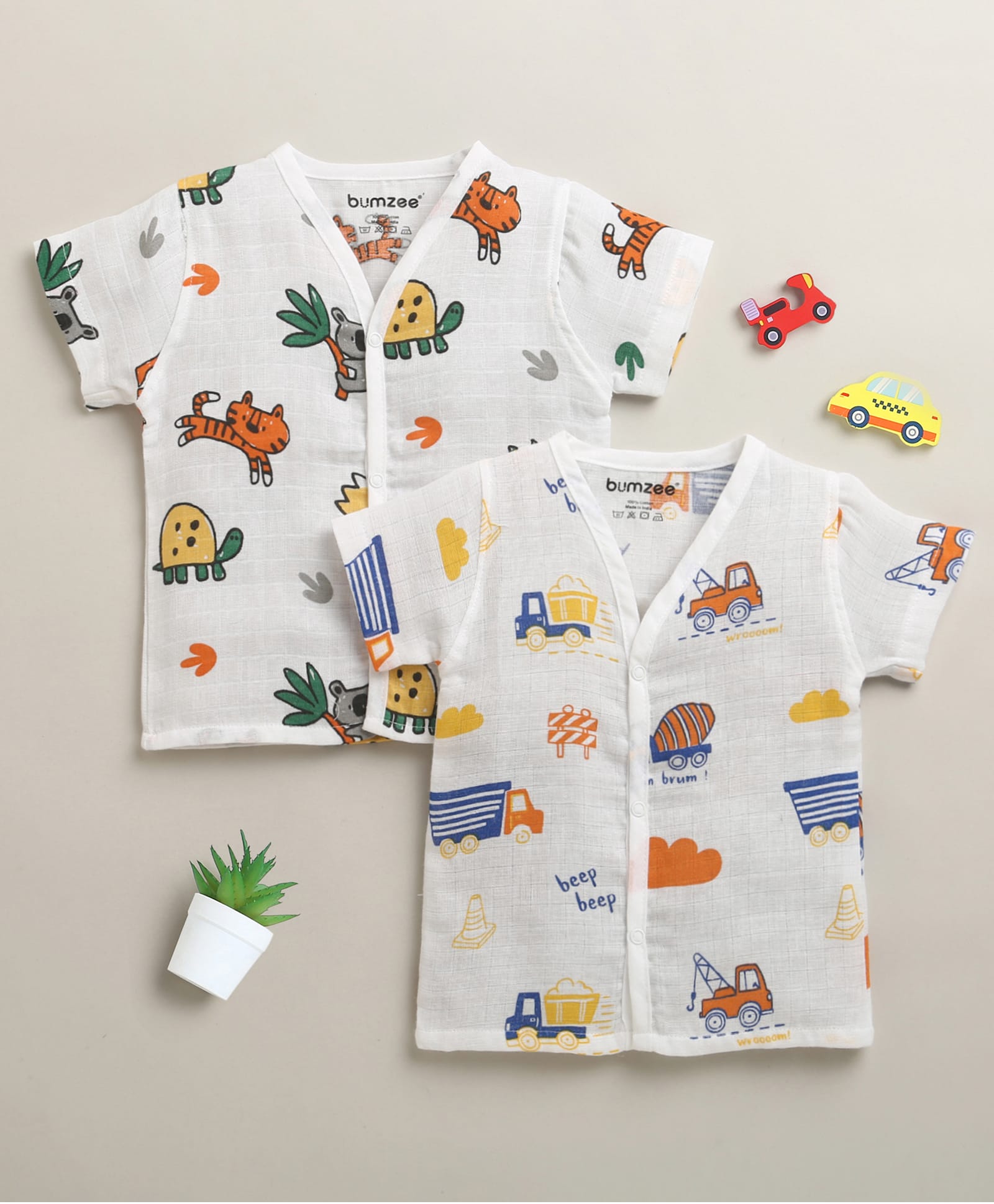 BUMZEE Muslin Woven Pack Of 2 Half Sleeves Animals & Vehicles Printed Jhablas - White-picture-20
