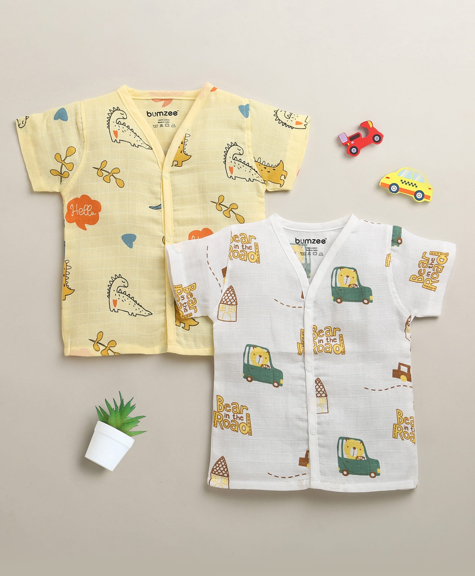 BUMZEE Muslin Woven Pack Of 2 Half Sleeves Dinosaurs & Vehicles Printed Jhablas - White & Yellow-picture-22