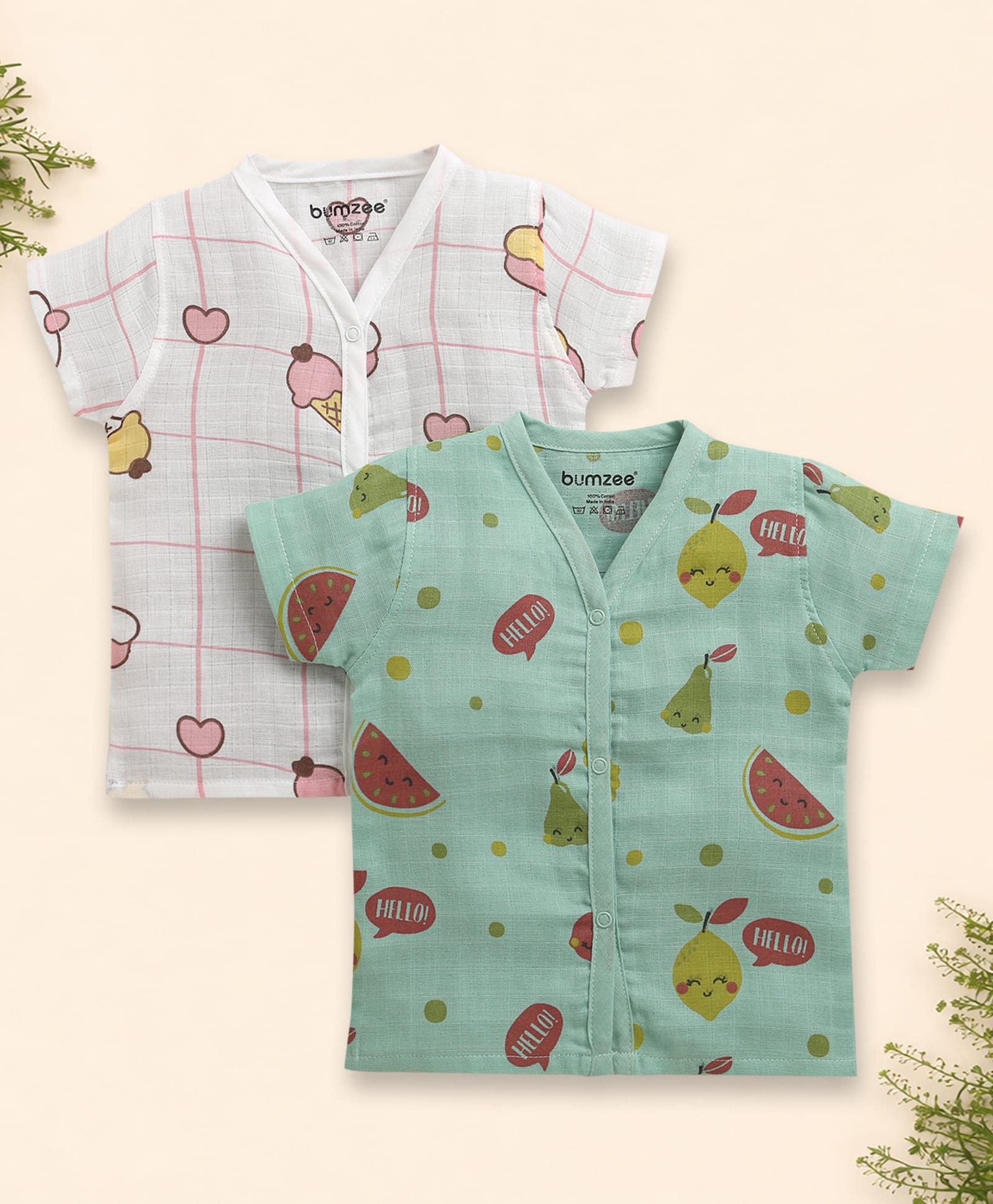 BUMZEE Muslin Woven Pack Of 2 Half Sleeves Ice Cream & Fruits Printed Jhablas - White & Green-picture-17