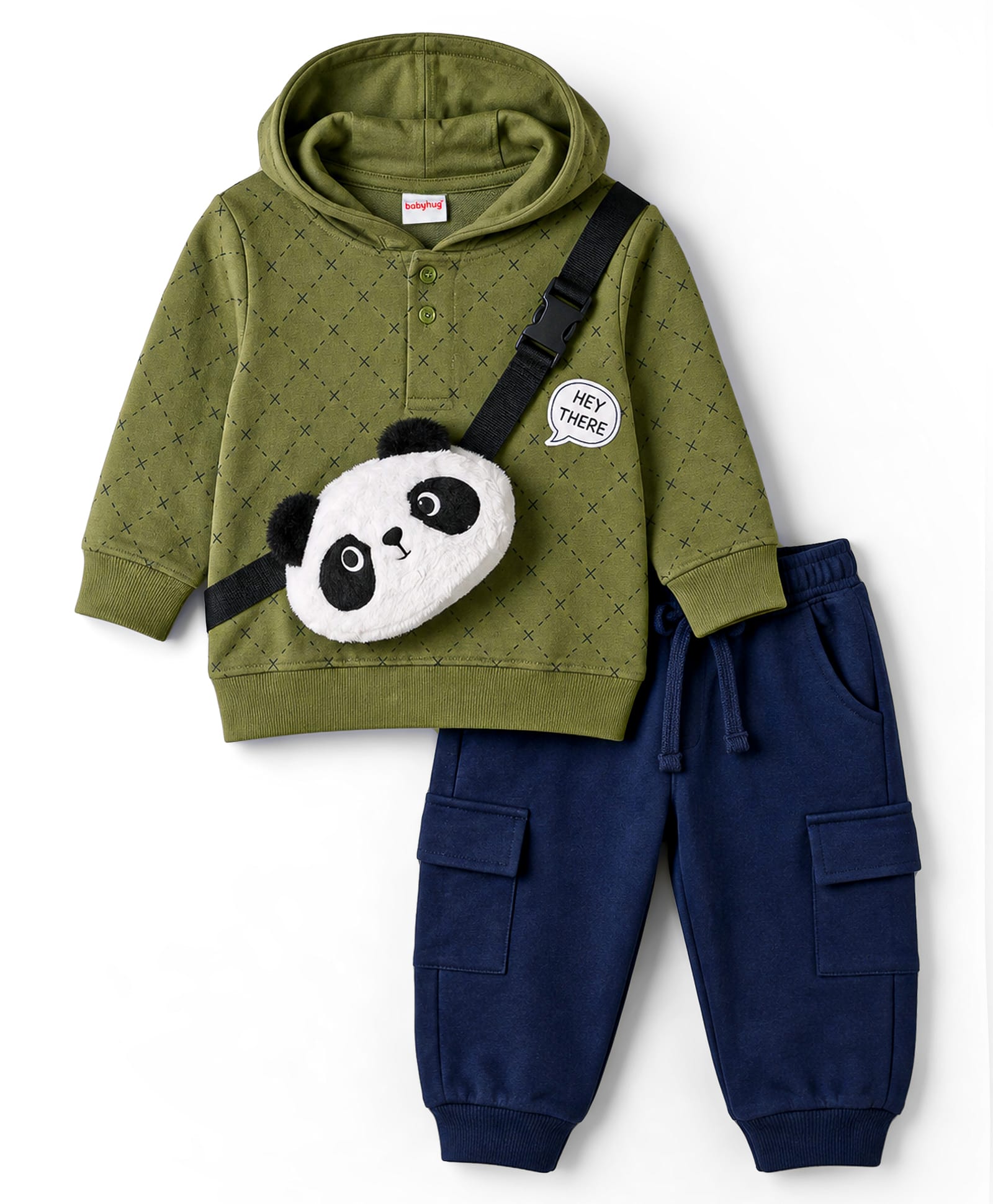 Babyhug 100% Cotton Knit Full Sleeves Checked Hooded T-Shirt & Jogger Set With Panda Applique - Green & Navy Blue-image-38
