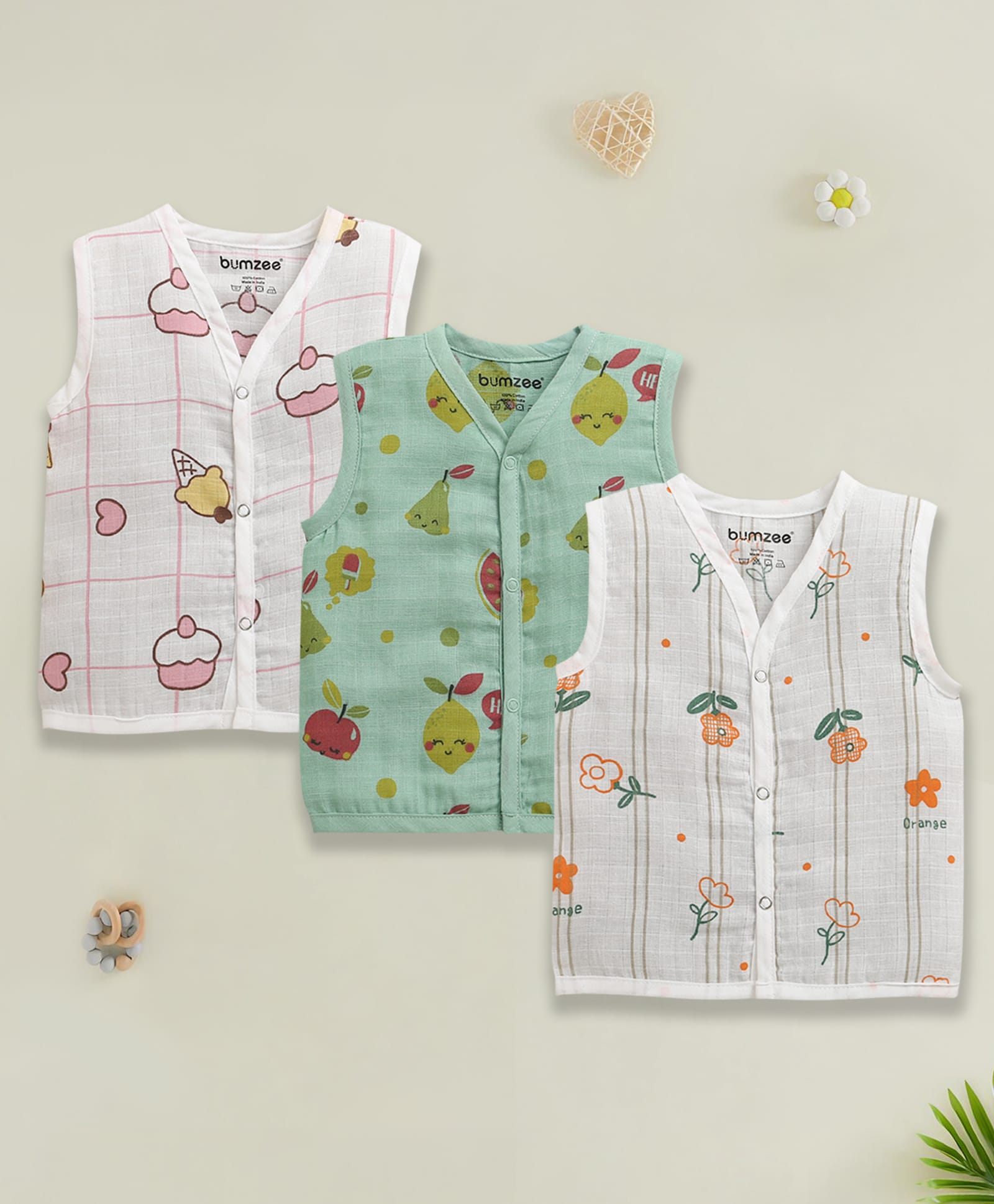 BUMZEE Muslin Woven Pack Of 3 Sleeveless Fruits Floral & Cupcakes Printed Jhablas - White & Green-image-27