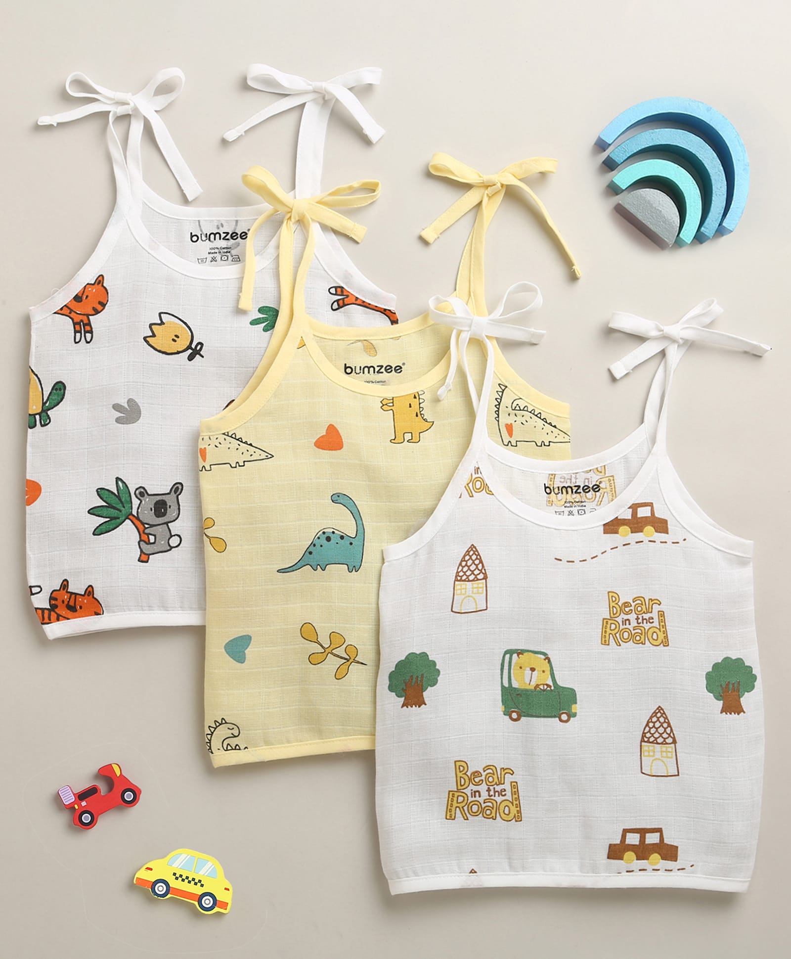 BUMZEE Muslin Woven Pack Of 3 Sleeveless Animals & Vehicles Printed Jhablas - White & Yellow-picture-38