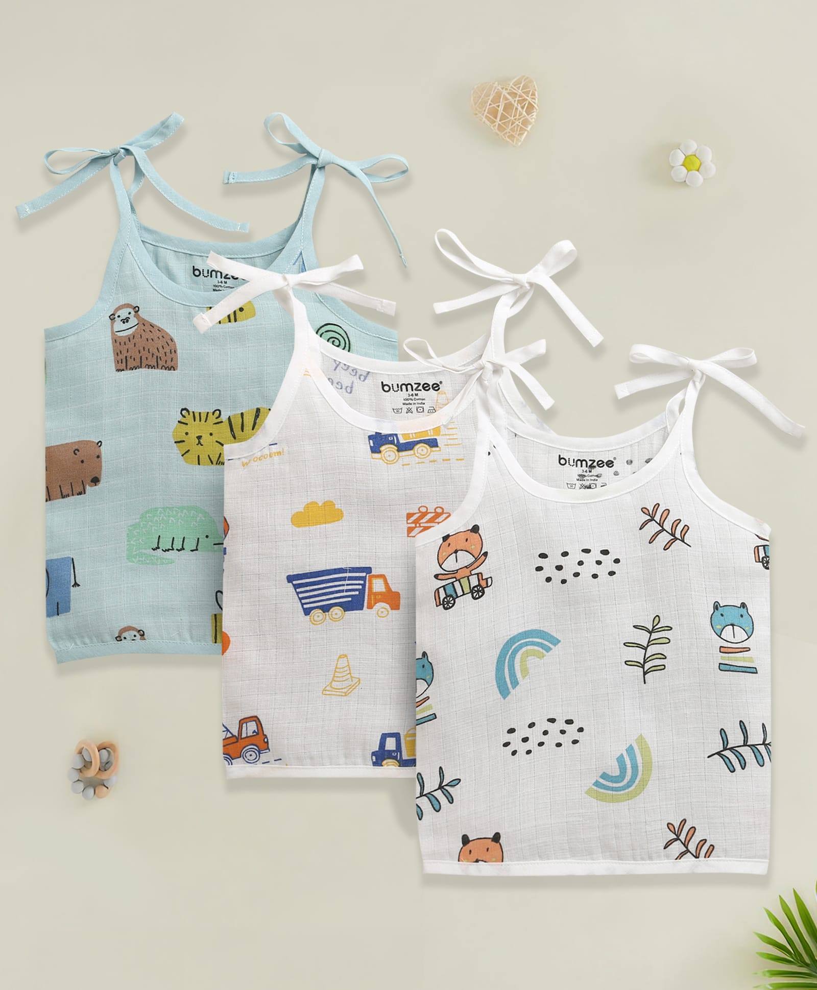 BUMZEE Muslin Woven Pack Of 3 Sleeveless Animals & Vehicles Printed Jhablas - Blue & White-picture-30