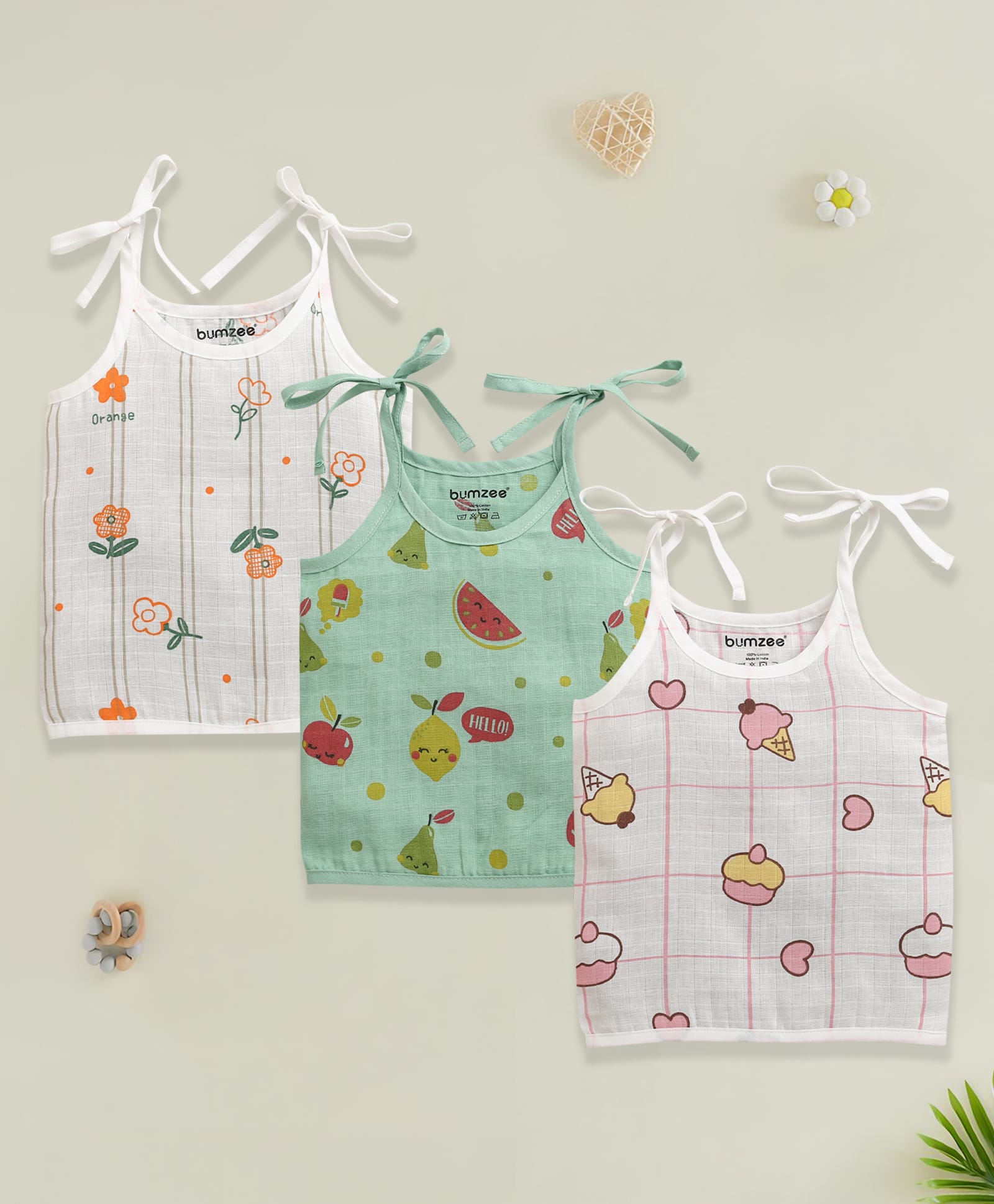 BUMZEE Muslin Woven Pack Of 3 Sleeveless Fruits & Floral Printed Jhablas - White & Green-picture-36