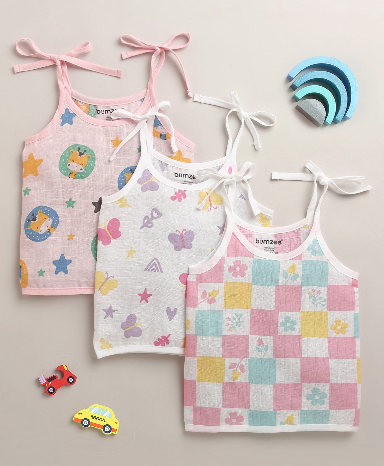 BUMZEE Muslin Woven Pack Of 3 Sleeveless Floral & Butterfly Printed Jhablas - Pink & White-picture-37