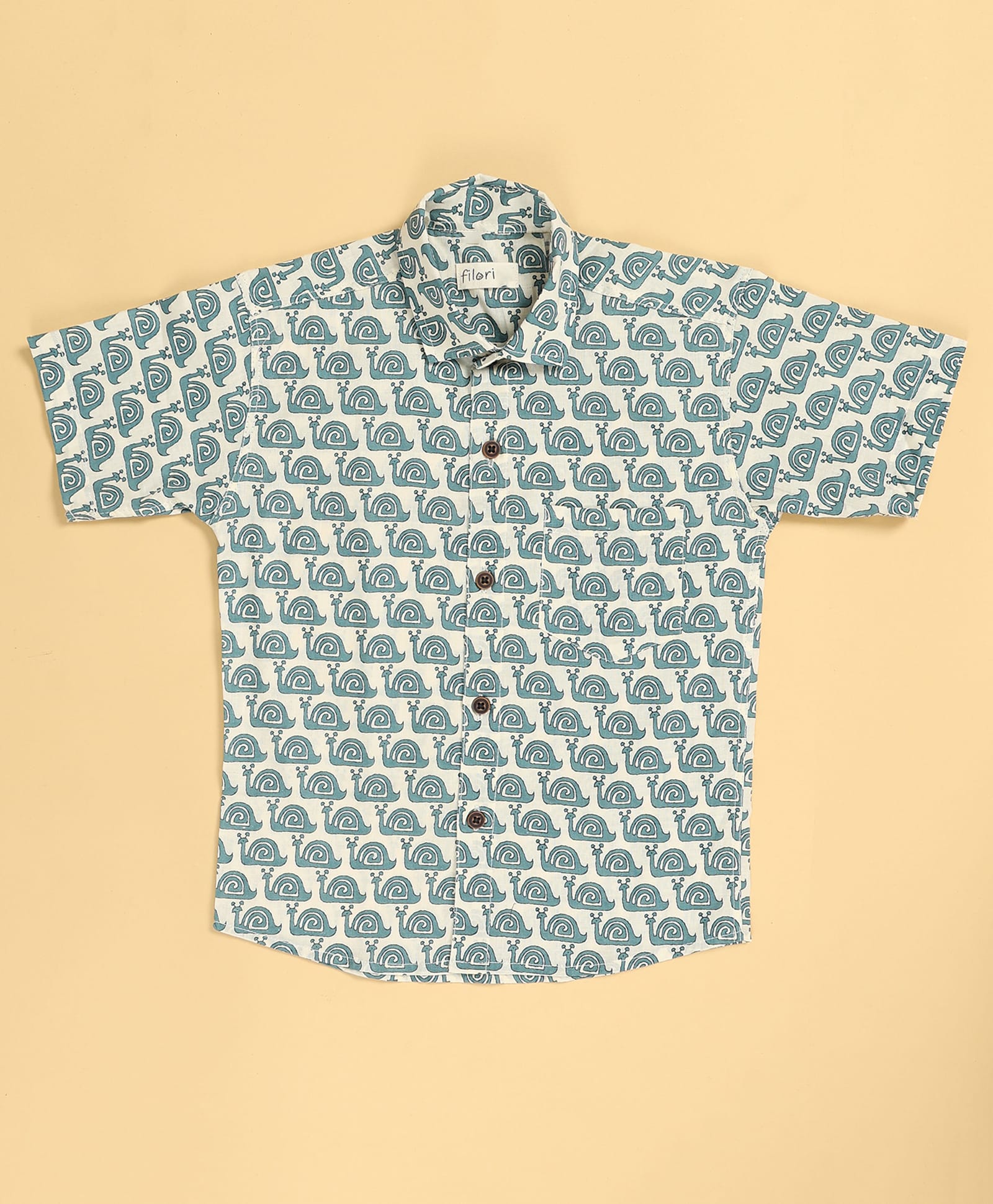 FILORI Cotton Woven Half Sleeves Snail Printed Shirt - Off White & Teal-picture-12