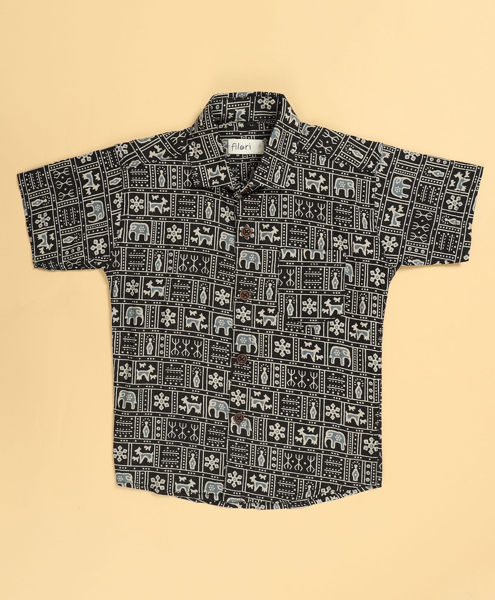 FILORI Cotton Woven Half Sleeves Elephant Printed Shirt - Black-image-24