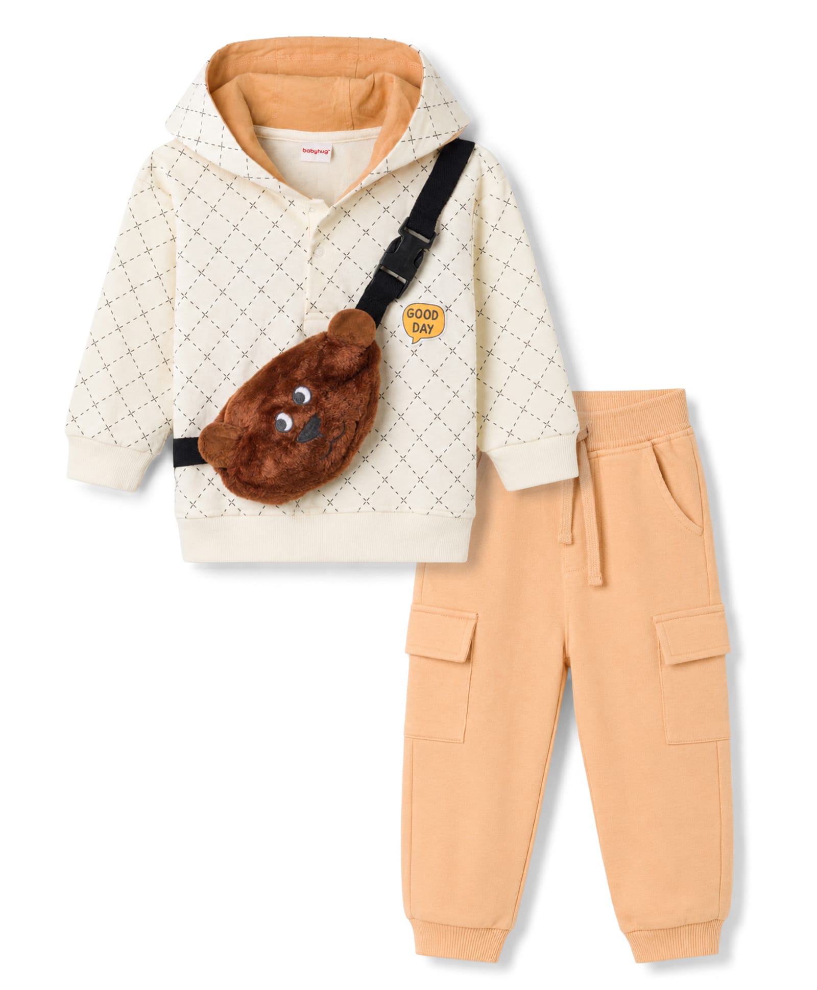 Babyhug 100% Cotton Knit Full Sleeves Checked Hooded Sweatshirt & Pant Set With Sling Bag Applique - OffWhite & Beige-picture-25