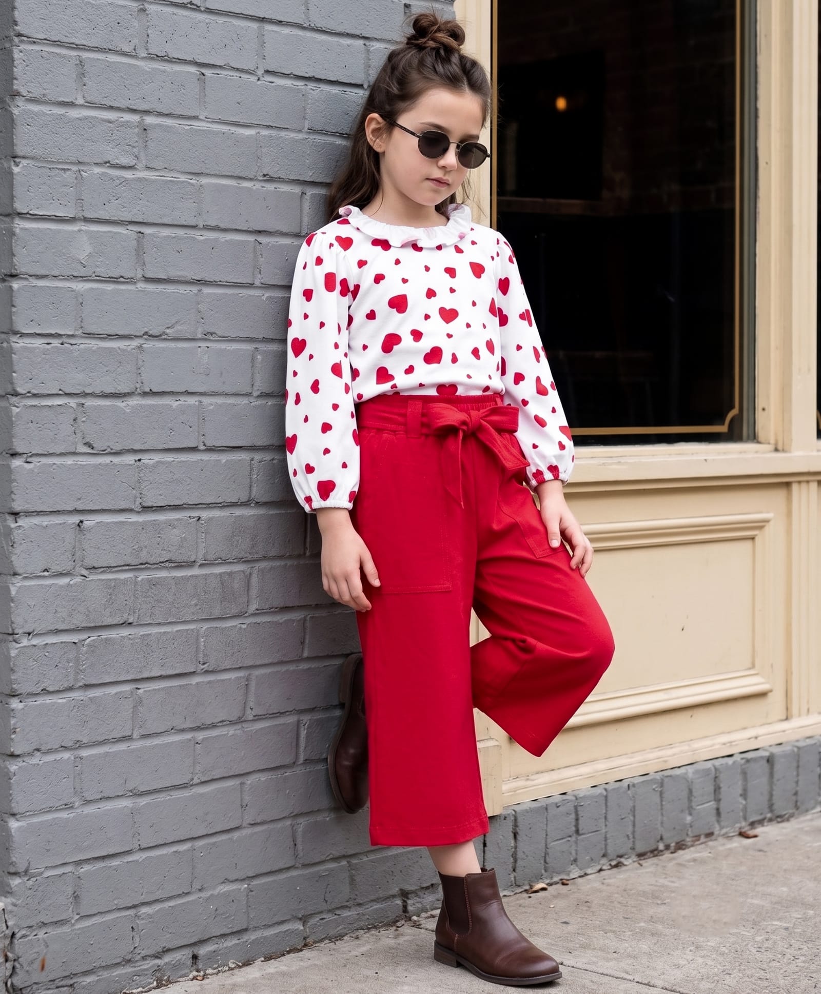 OLLINGTON ST. Cotton Sinker Knit Full sleeves Heart Printed Top With Culottes - Red & White-image-30