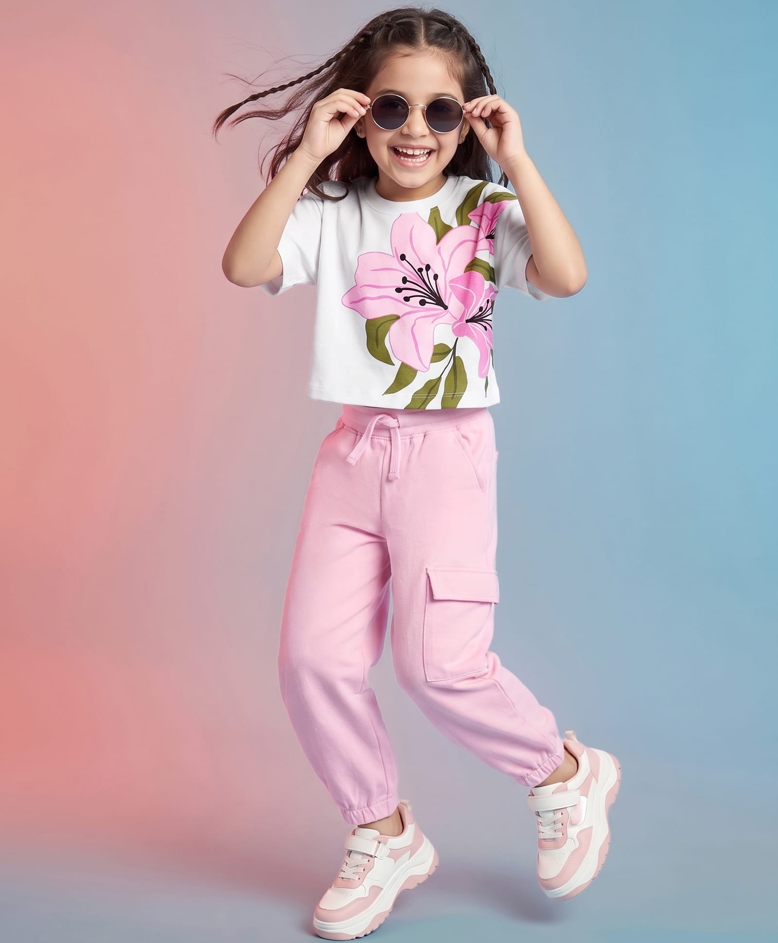 OLLINGTON ST. Sinker Knit Half Sleeves Top & Joggers Set With Floral Print - Pink & White-picture-39
