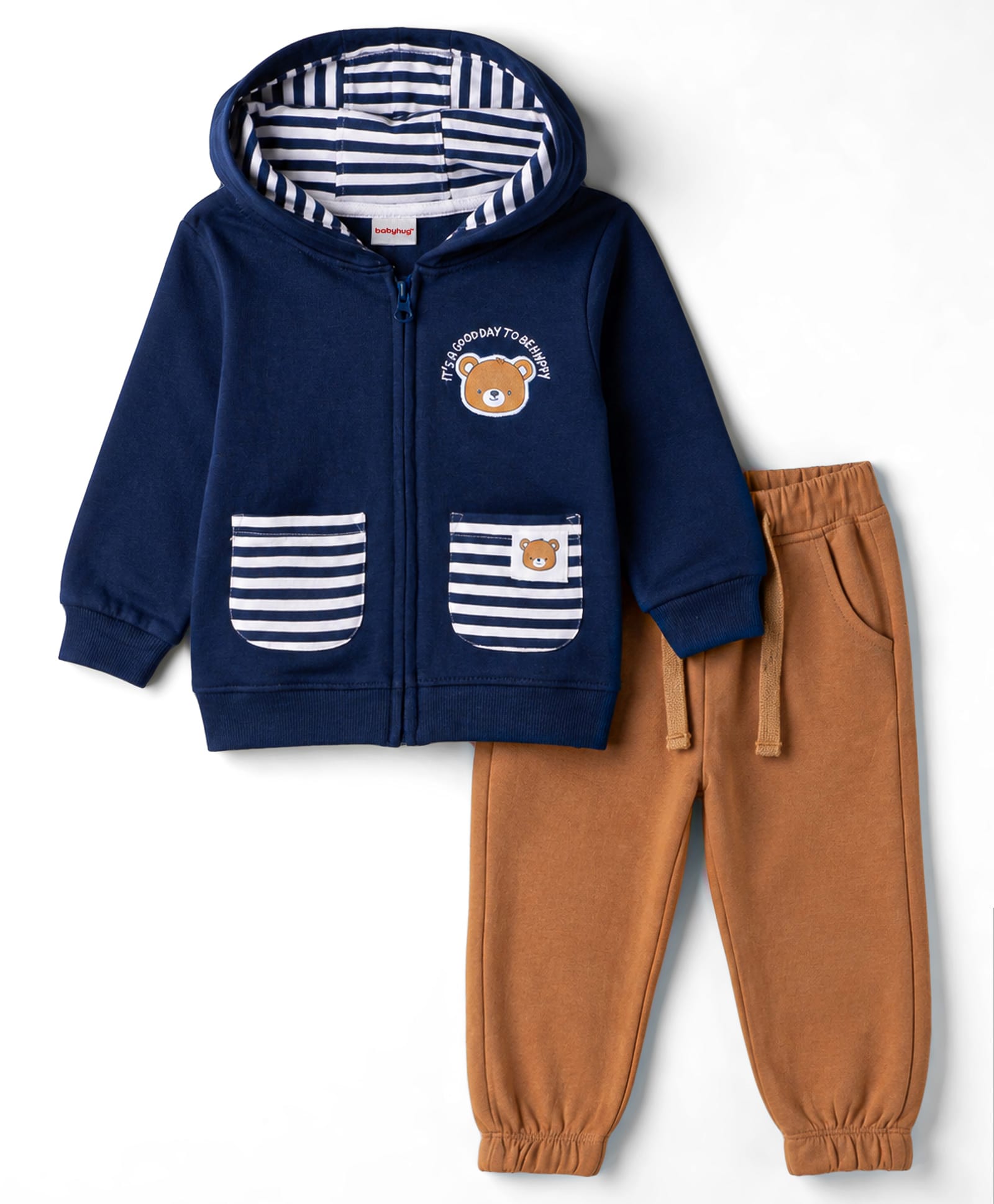 Babyhug 100% Cotton Knit Full Sleeves Striped & Bear Printed Hooded T-Shirt & Pant Set - Navy Blue & Brown-picture-20