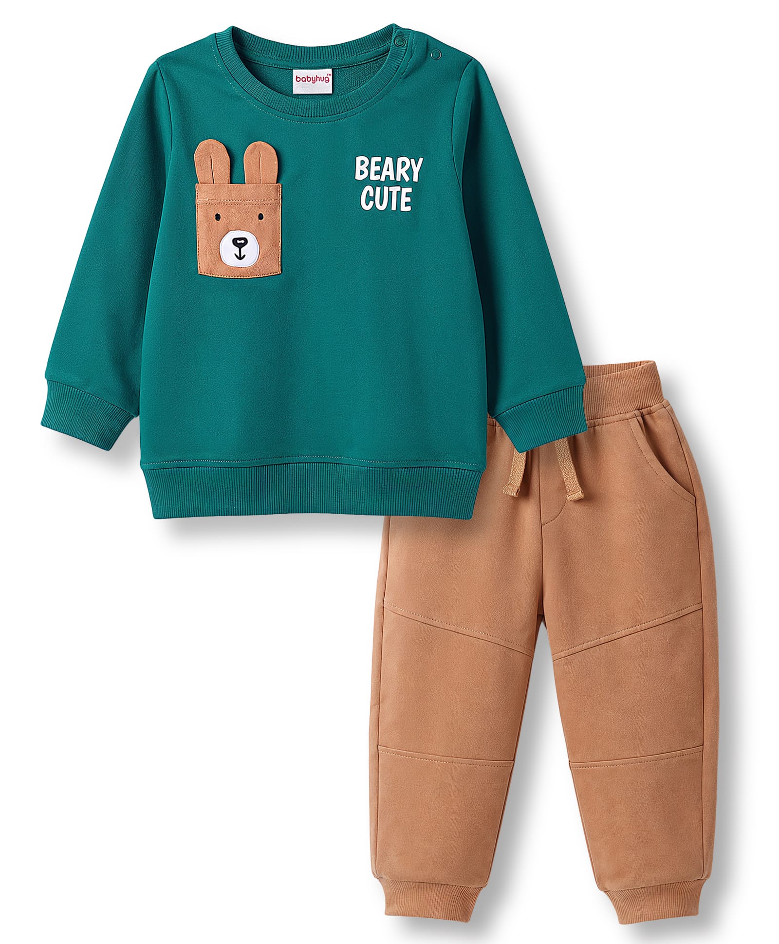 Babyhug 100% Cotton Knit Full Sleeves Text Printed T-Shirt & Pant Set With Applique - Mint & Beige-picture-16