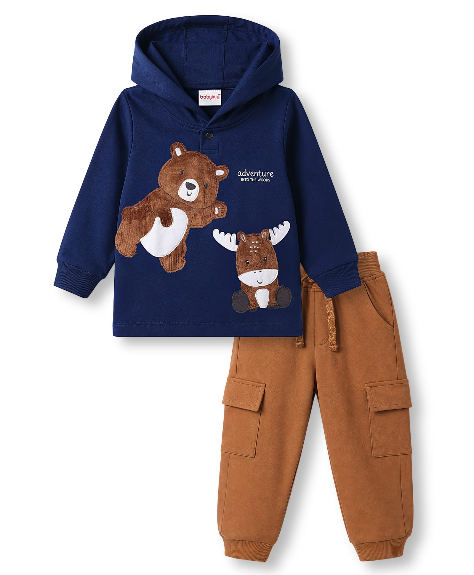 Babyhug Terry Knit Full Sleeves Hooded T-Shirt & Lounge Pant Set with Bear Print - Navy-picture-15