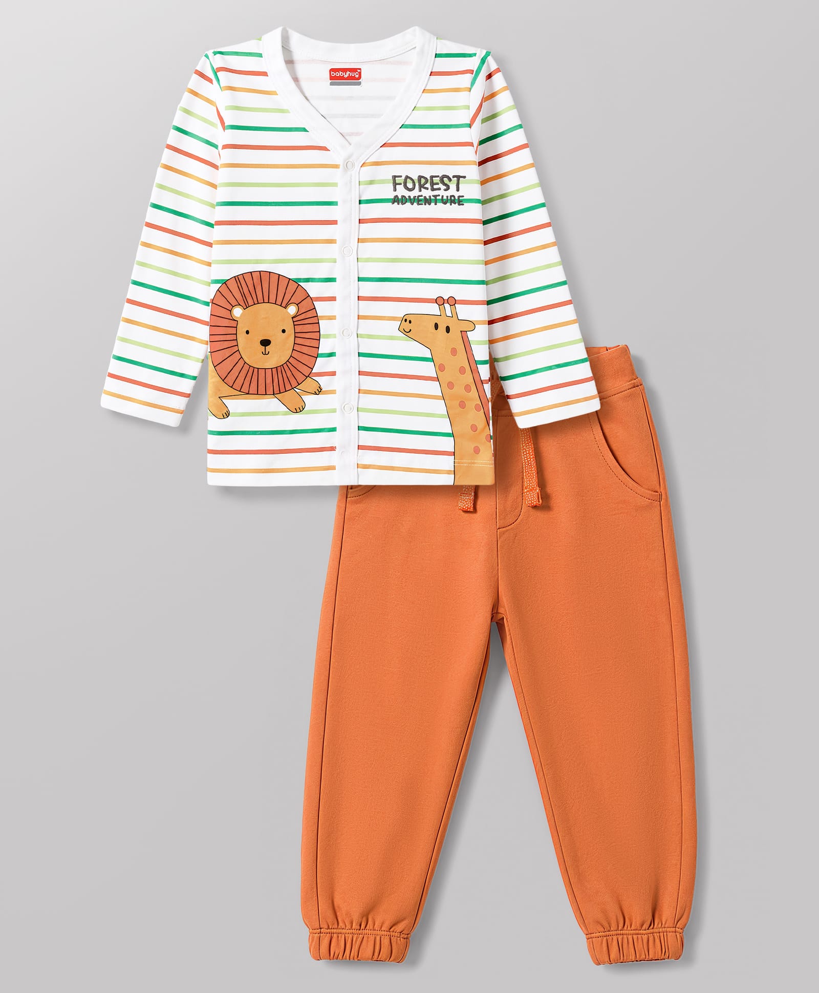 Babyhug Interlock Knit Full Sleeves Striped T-Shirt & Pant Set With Animal Print - Multicolor-picture-30