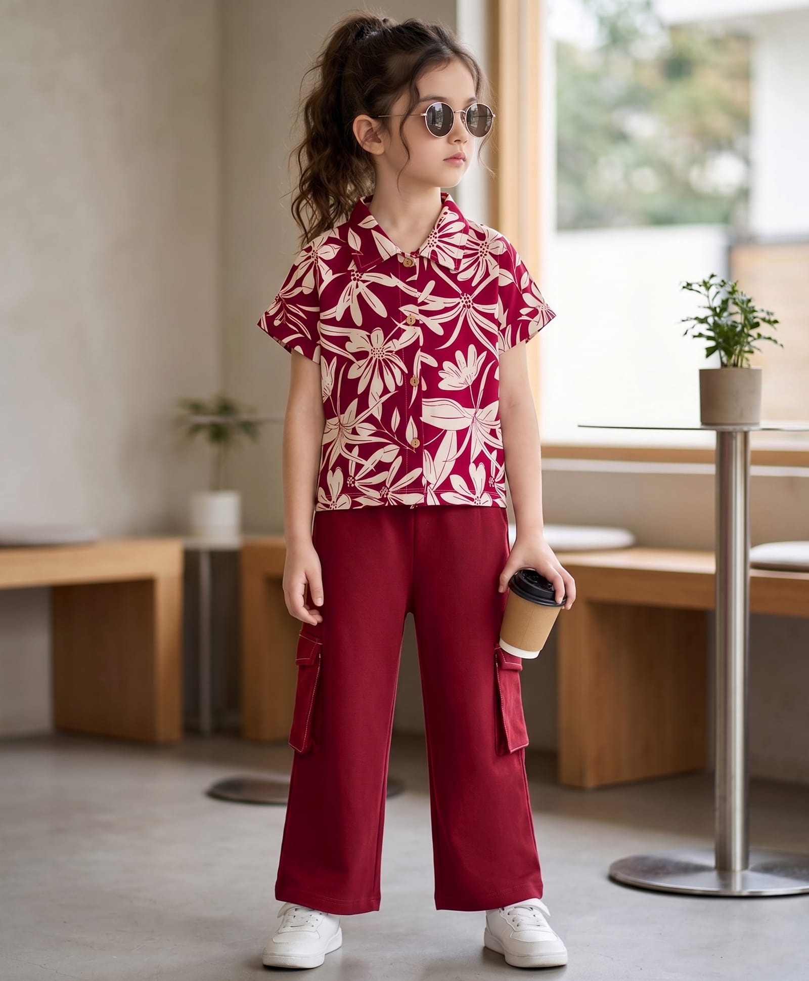 OLLINGTON ST. Cotton Knit Half Sleeve Top & Culottes With Floral Print - Maroon-picture-24