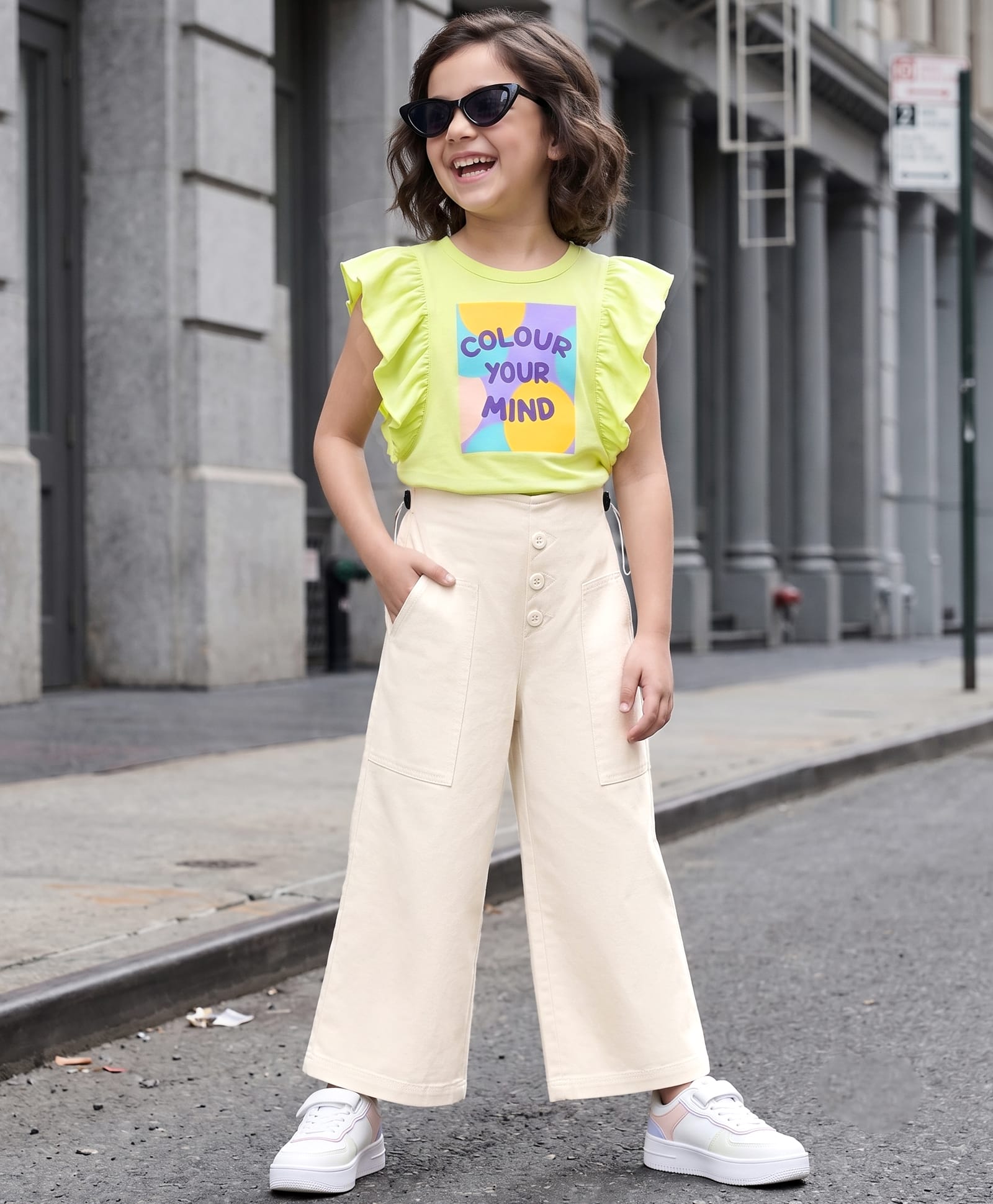 Ollington St. Cotton Sinker Knit Text Printed Frilled Half Sleeve Top & Culottes - Light Green & Beige-image-40