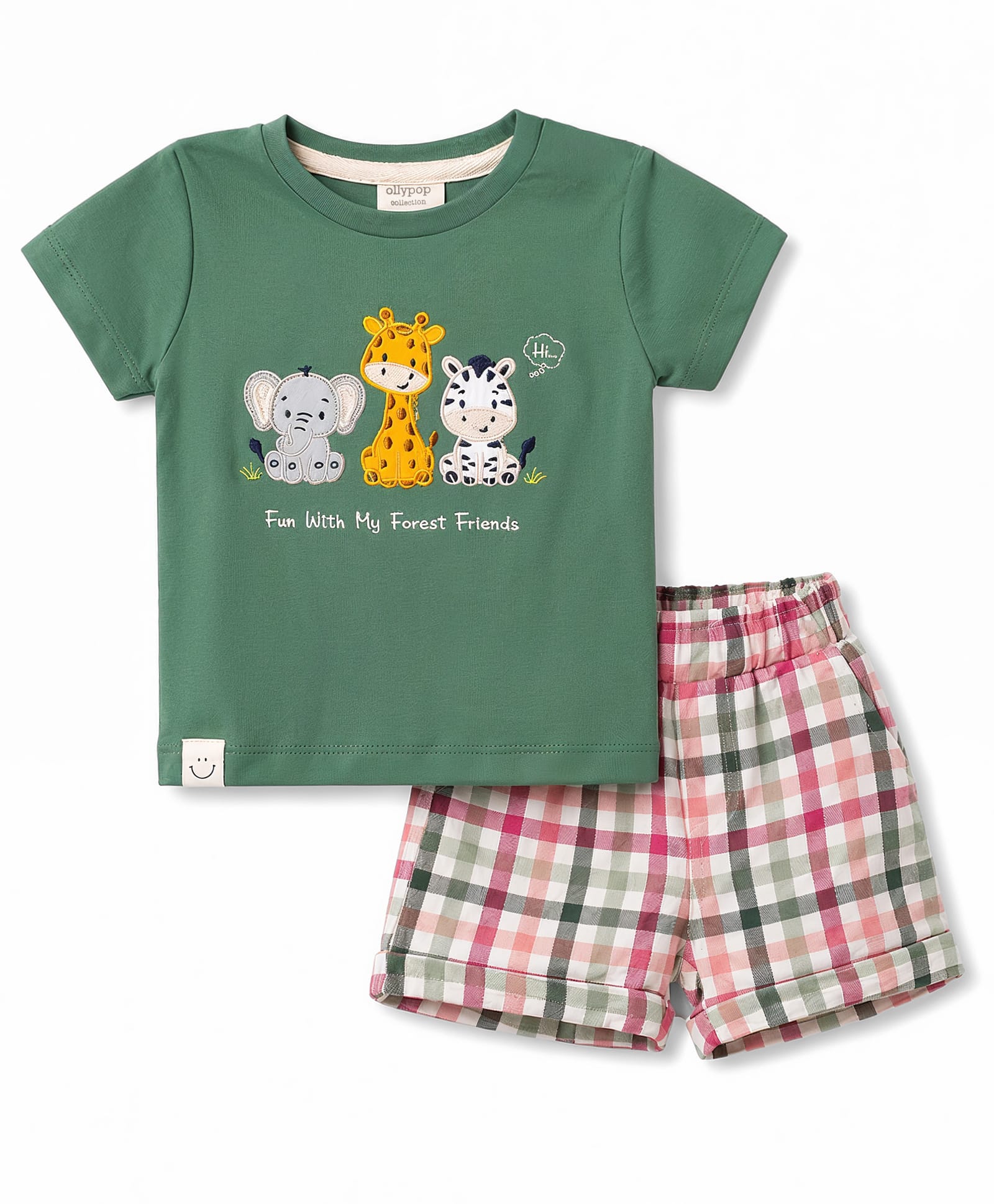Ollypop Interlock Knit Half Sleeves Animal Embroidered Checked T-Shirt & Shorts Set - Light Green-picture-48