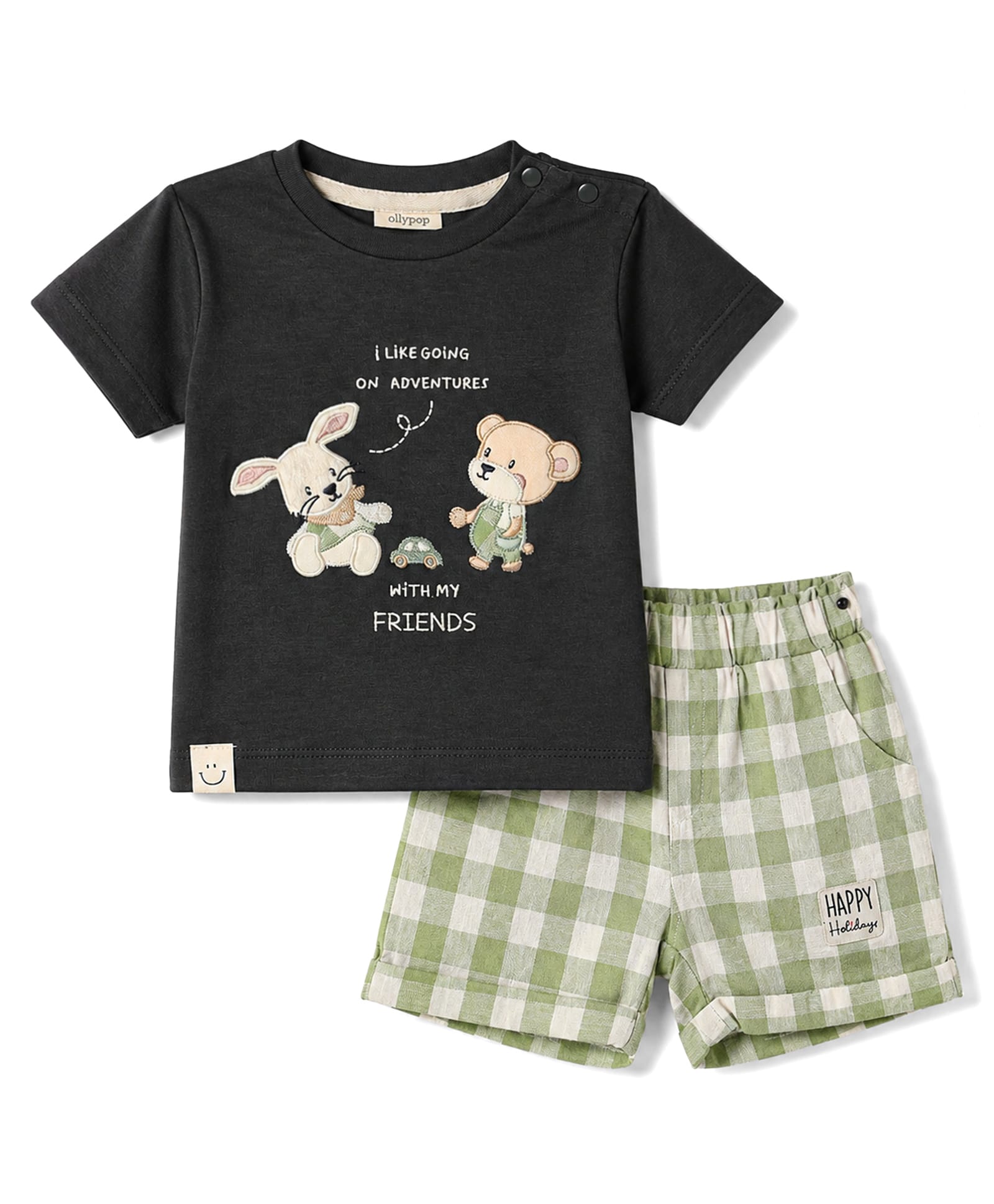 Mini Donuts Sinker Knit Half Sleeves T-Shirt & Shorts Set with Bear Patch - Black-image-49