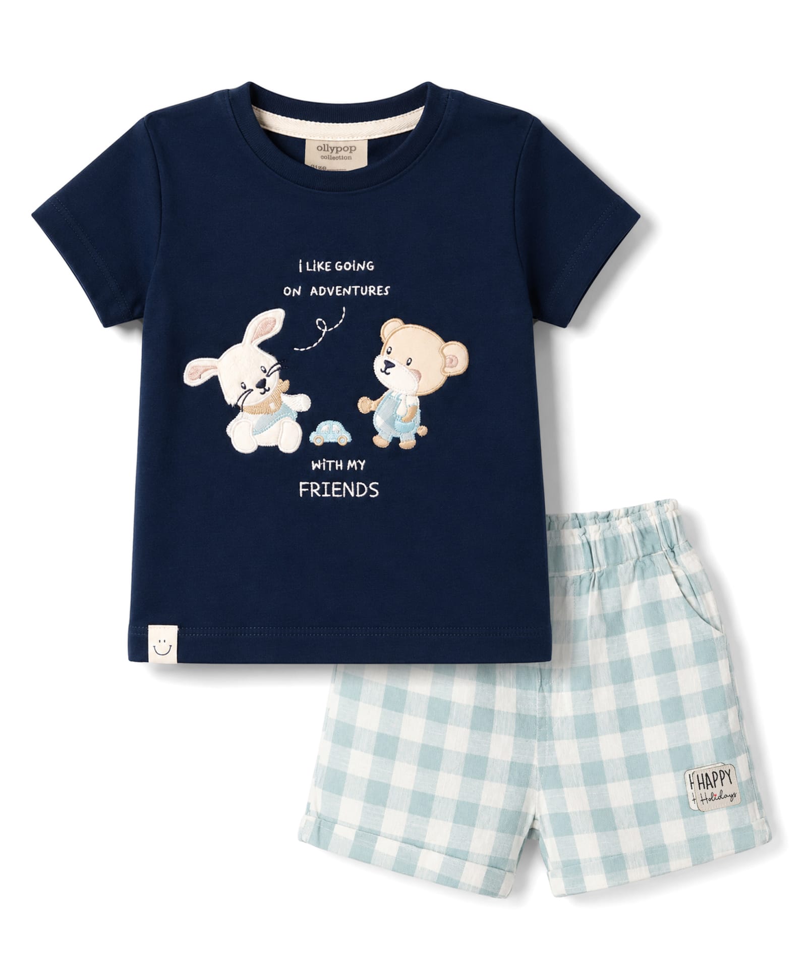 ollypop Mini Donuts Sinker Knit Half Sleeves T-Shirt & Shorts Set with Bear Patch - Navy-picture-33