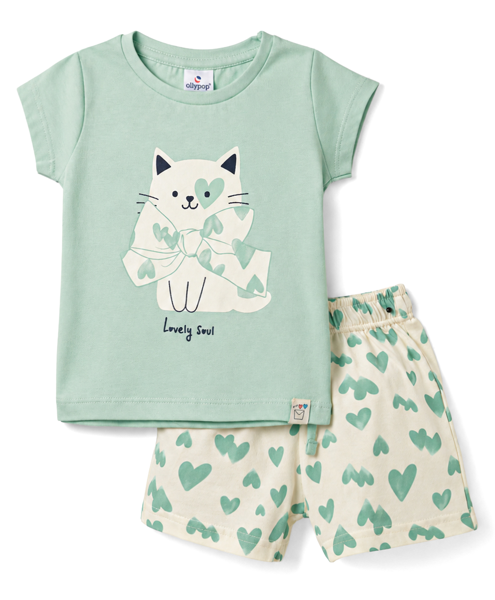 Ollypop Sinker Half Sleeves Top & Shorts Set with Kitty Print - Sea Green-picture-27