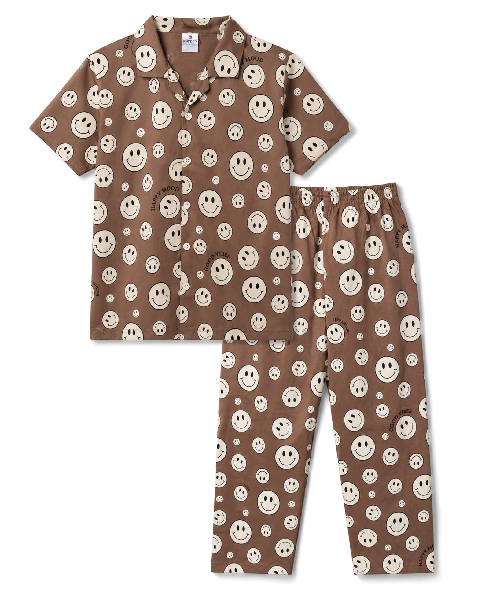 Ollypop Sinker Knit Half Sleeves Shirt & Pyjama Night Suit With Smiley Print - Brown-picture-0